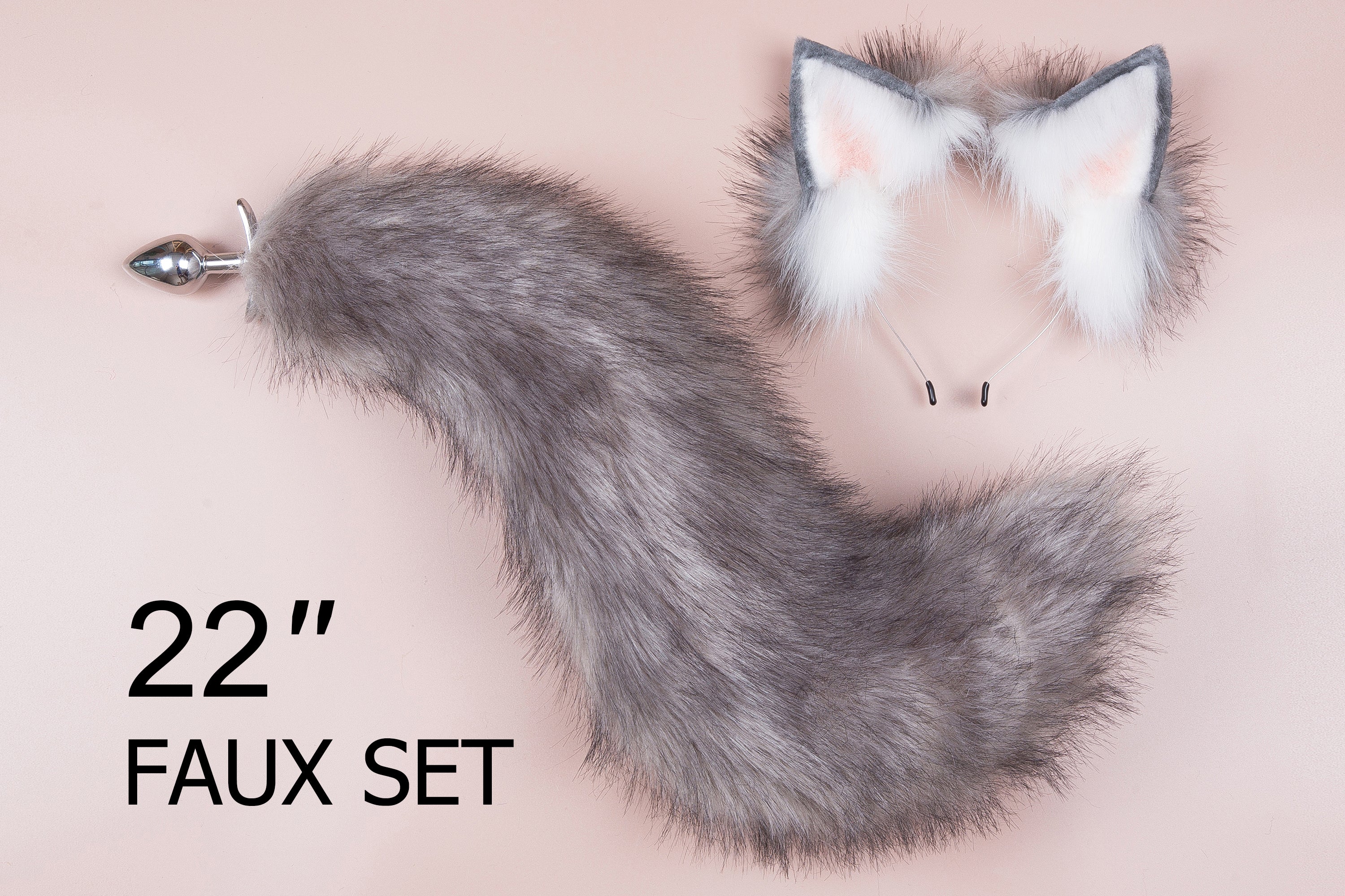 Gray and white faux fur fox tail plug and ear wolf tail buttplug and ear kitten ear and tail plug set curved tail and ear plug set cosplay