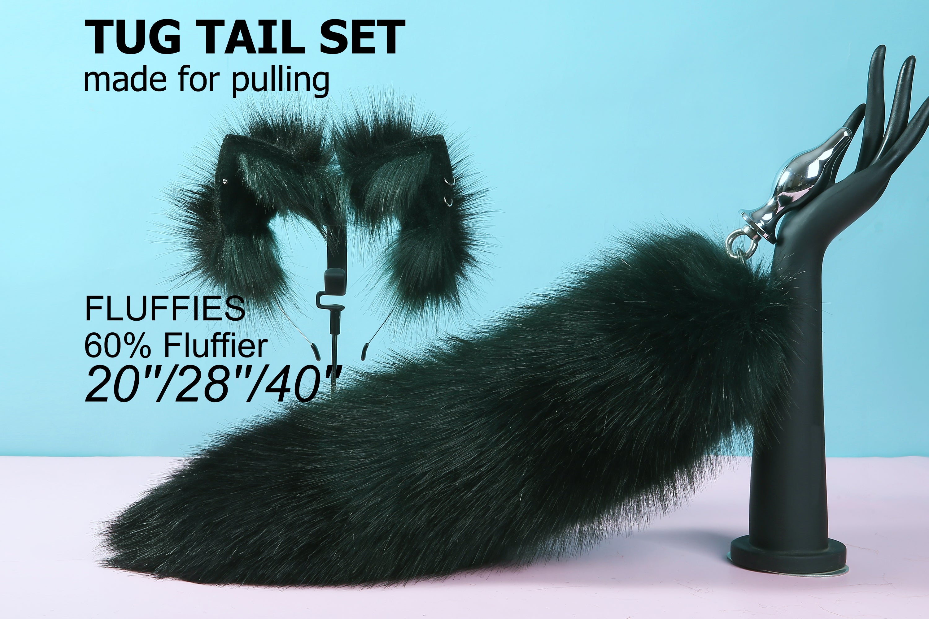 Green black fluffy tug tail plug and ear set fluffy fox ear and tail butt plug set wolf tail buttplug sex toy bdsm cat tail petplay mature