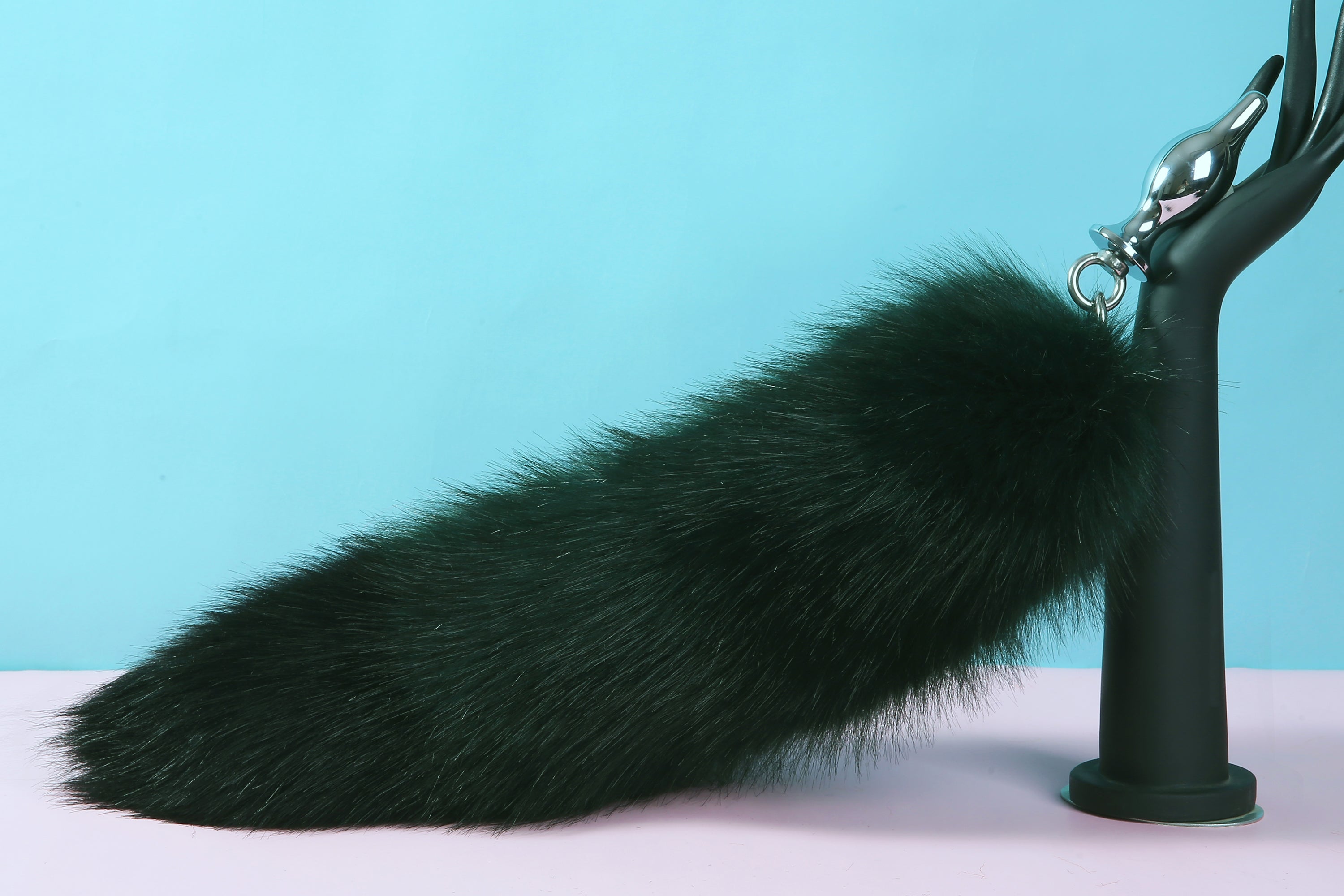 Green black fluffy tug tail plug and ear set fluffy fox ear and tail butt plug set wolf tail buttplug sex toy bdsm cat tail petplay mature