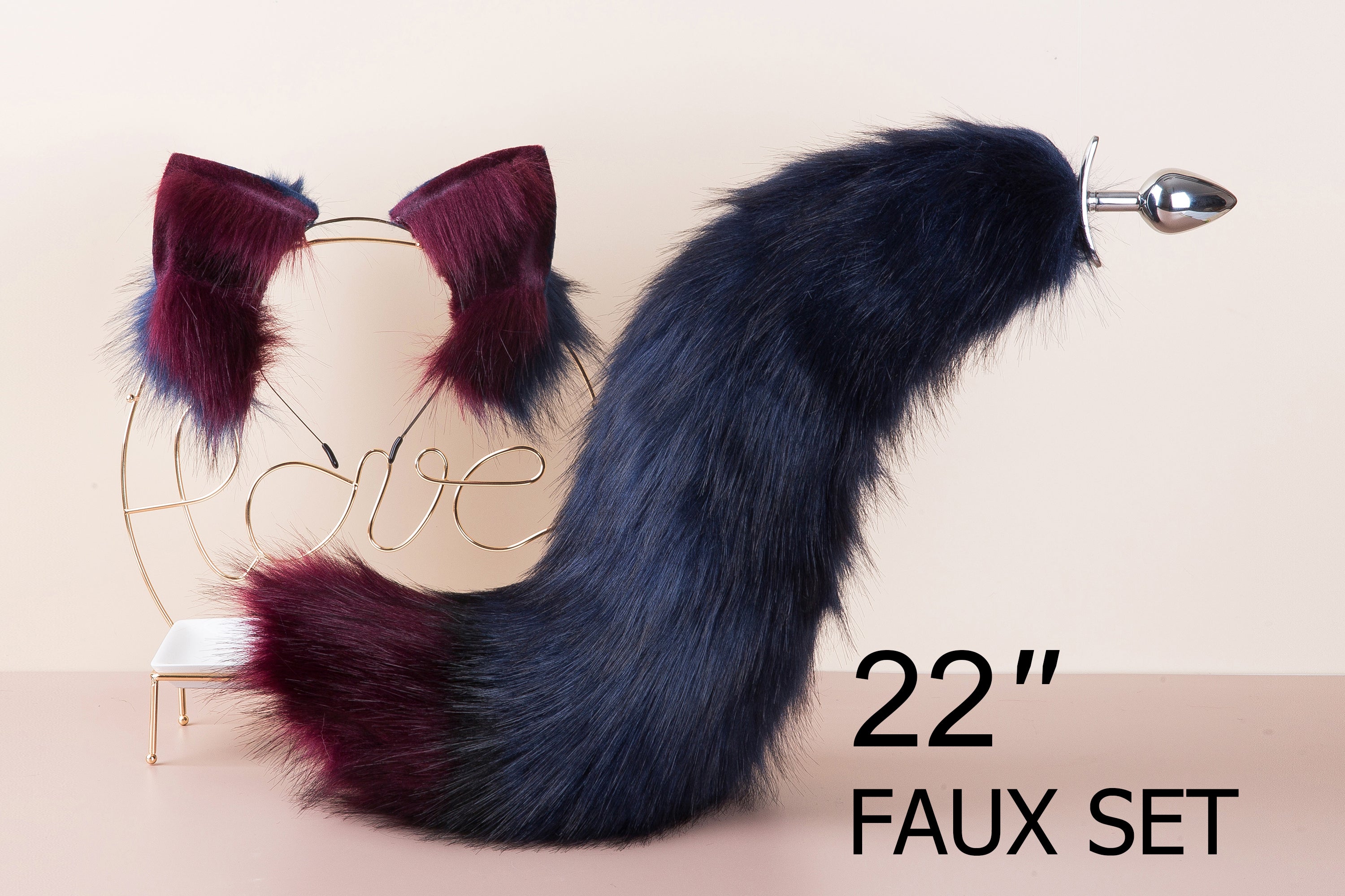 faux fur curvy fox tail plug and ear and tail plug set wolf tail buttplug and ear kitten play set cosplay ear and tail plug T shaped