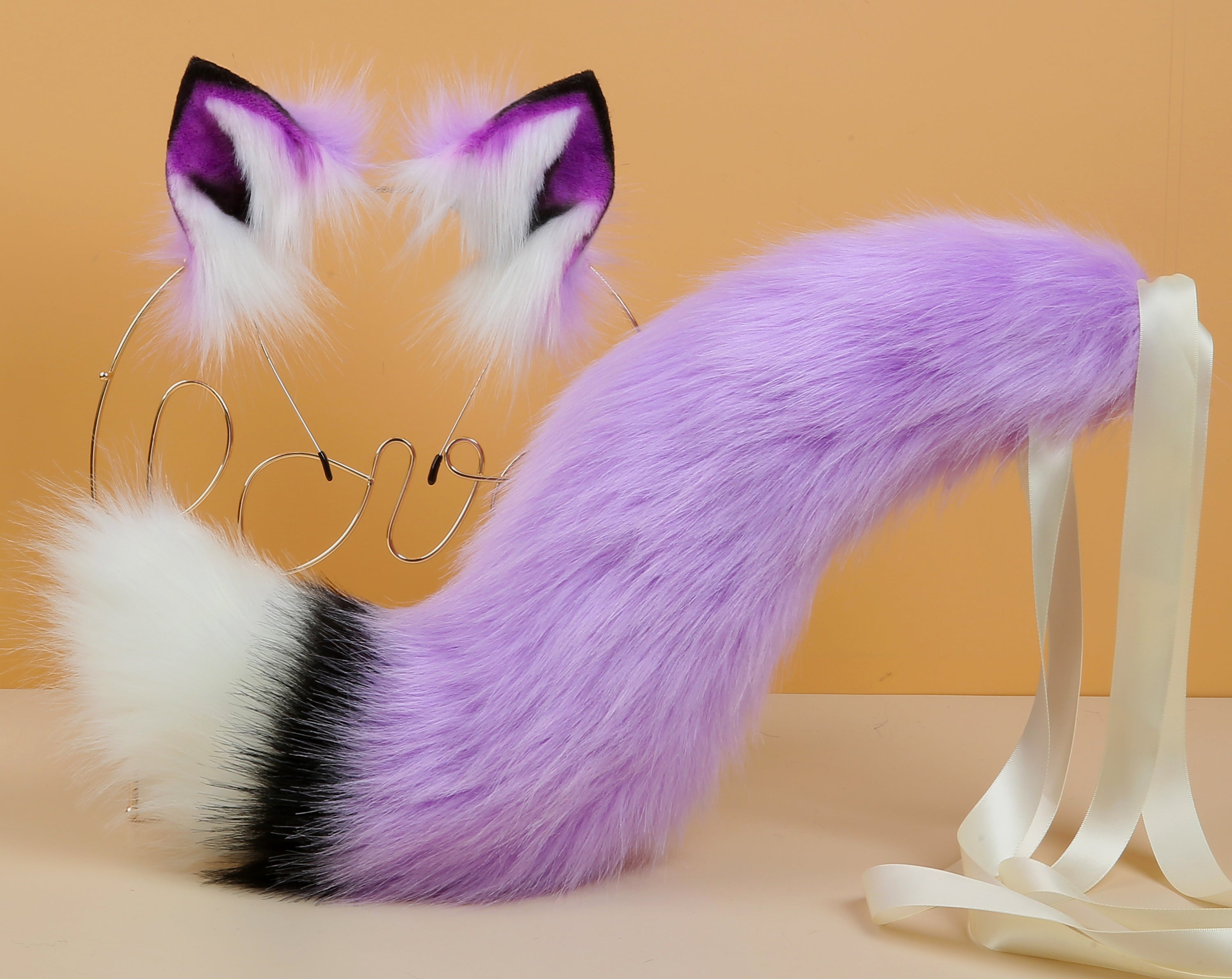 Light purple white fox tail plug and ear set curly fox tail butt plug and ear set wolf tail buttplug cat petplay bdsm cosplay anime sextoy