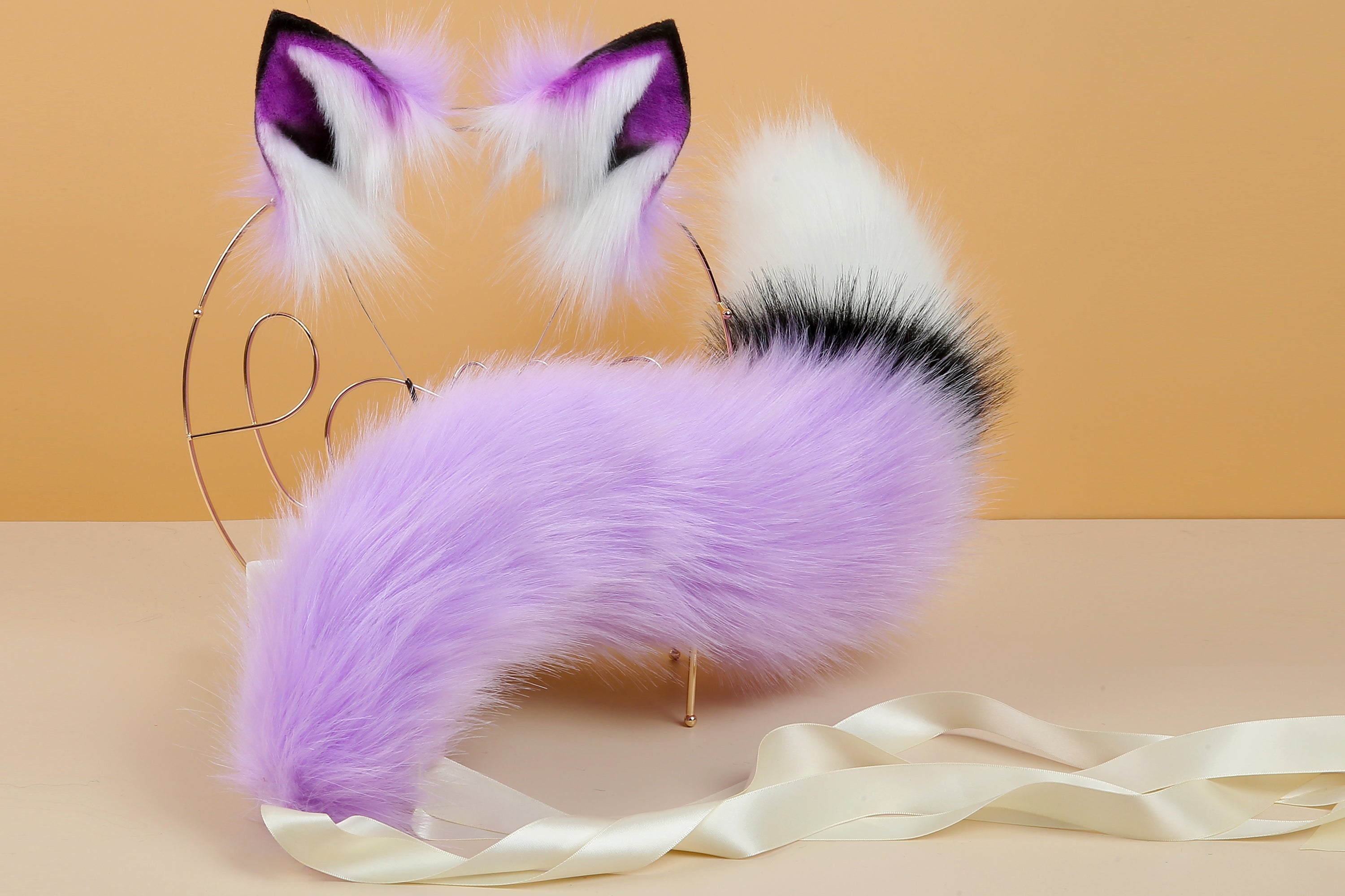 Light purple white fox tail plug and ear set curly fox tail butt plug and ear set wolf tail buttplug cat petplay bdsm cosplay anime sextoy