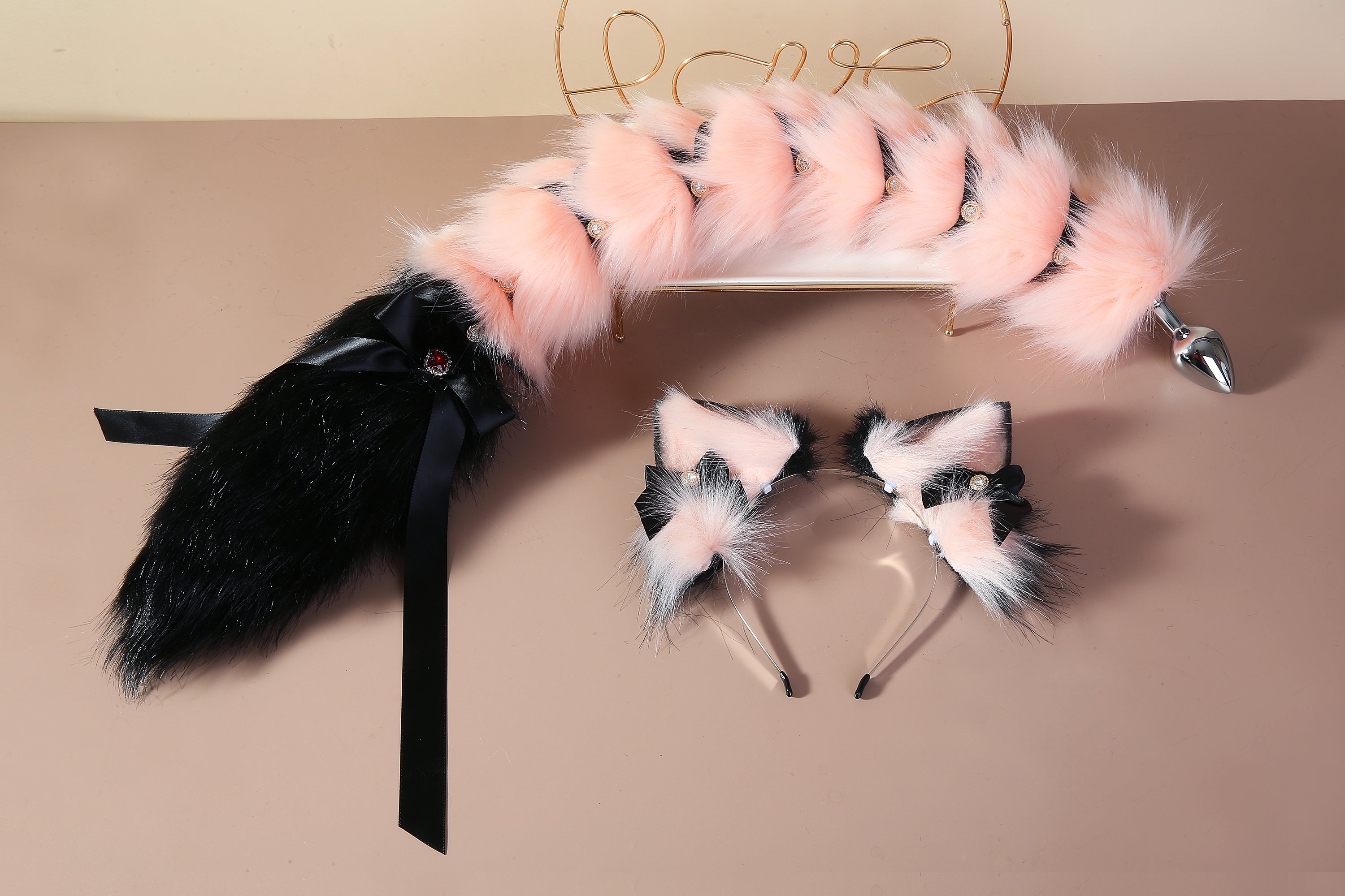 Pink black fox ear and tail set fox ear and fox tail butt plug set sextoy wolf ear and tail plug  set bdsm anime cosplay ear and tail mature