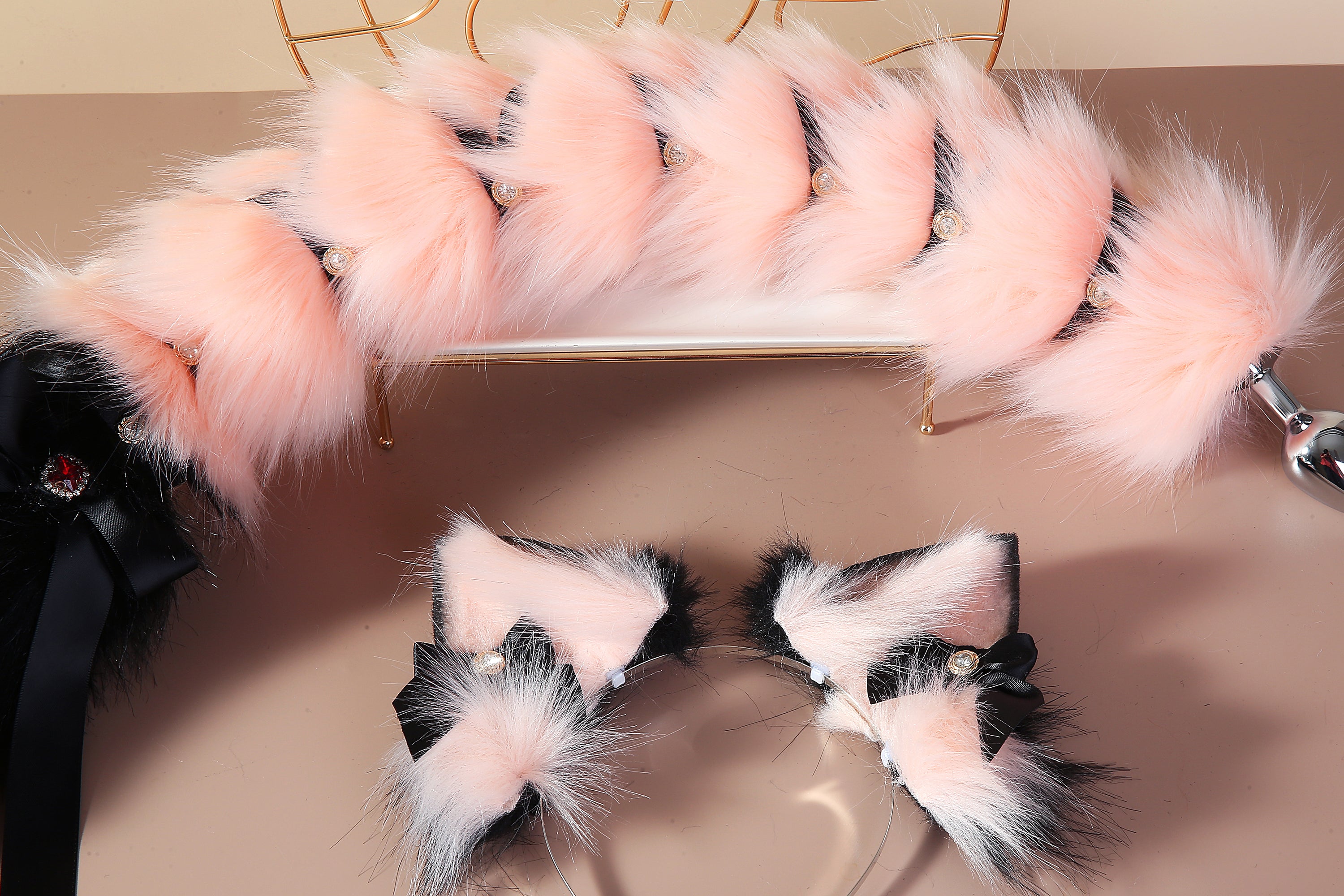 Pink black fox ear and tail set fox ear and fox tail butt plug set sextoy wolf ear and tail plug  set bdsm anime cosplay ear and tail mature