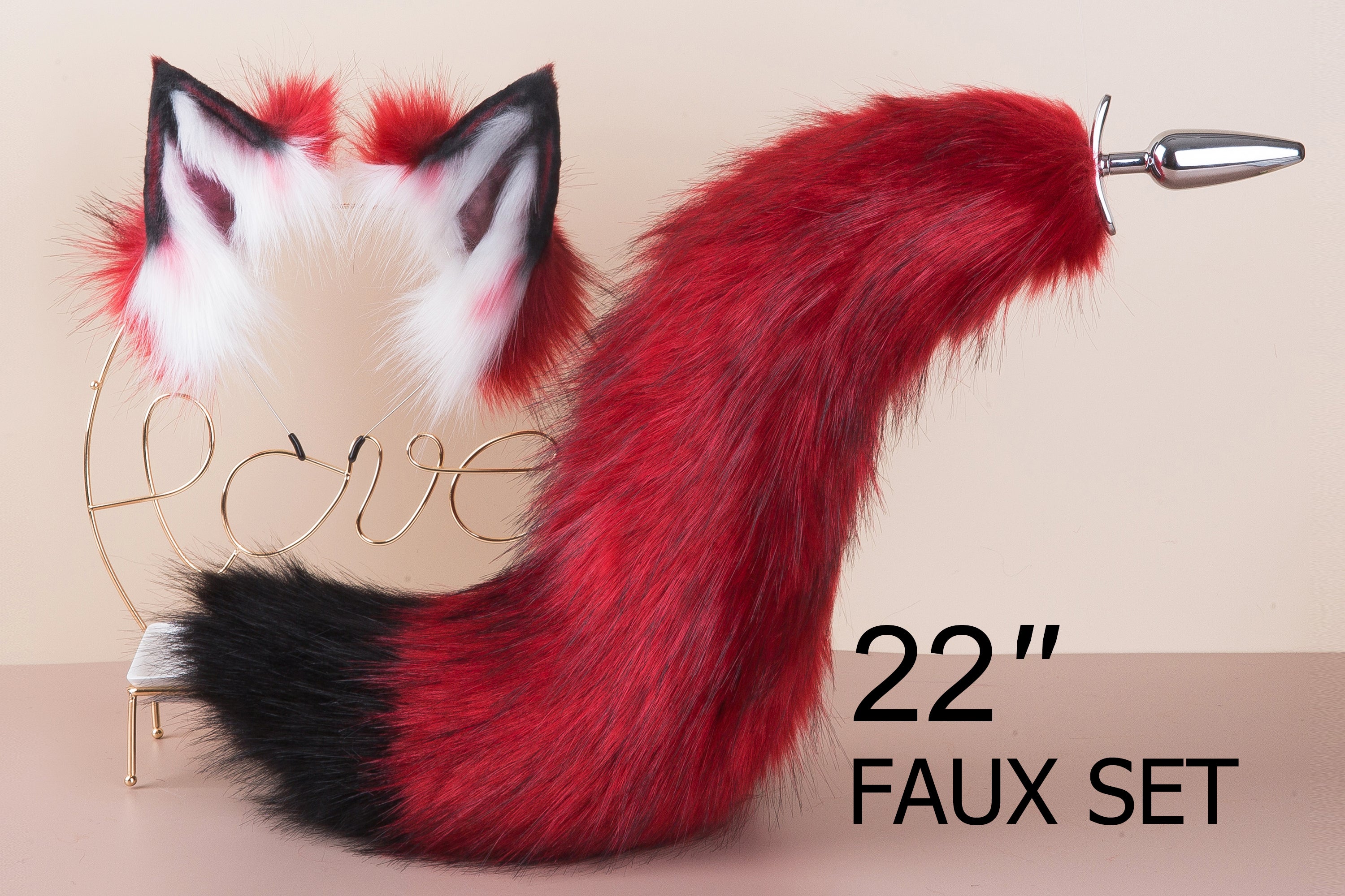 Red and black faux fur fox tail plug and ear wolf tail buttplug and ear kitten ear and tail plug set curved tail and ear plug set cosplay