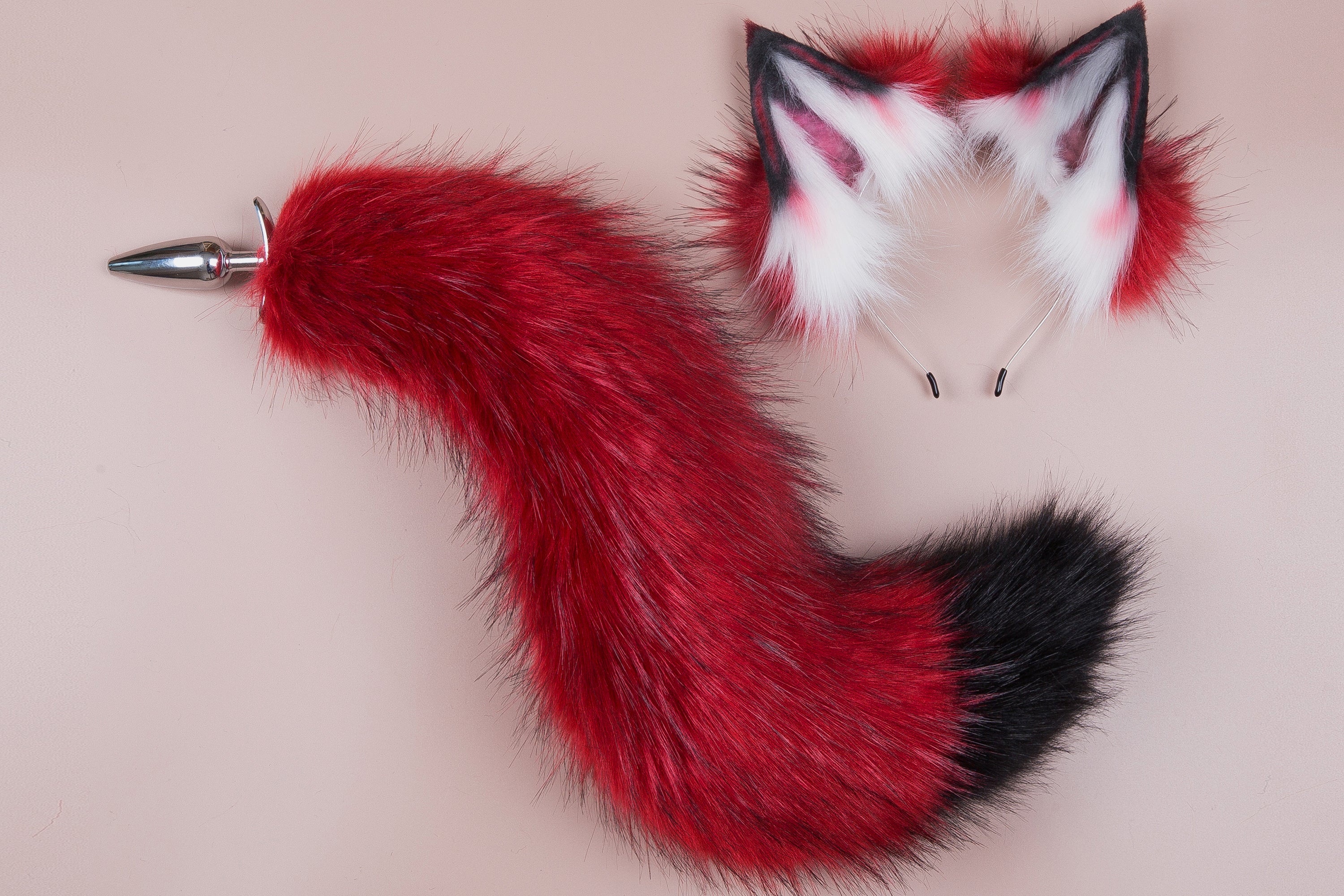 Red and black faux fur fox tail plug and ear wolf tail buttplug and ear kitten ear and tail plug set curved tail and ear plug set cosplay