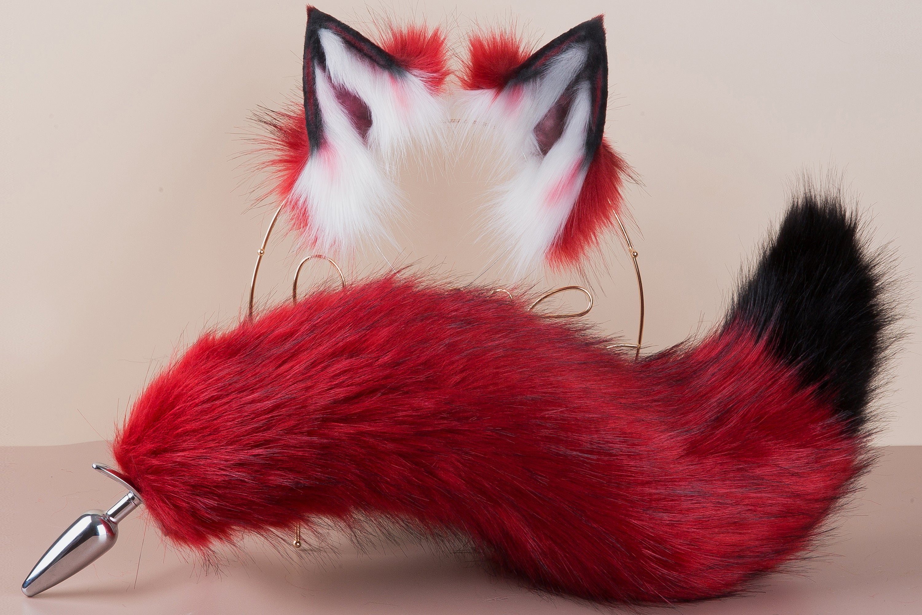 Red and black faux fur fox tail plug and ear wolf tail buttplug and ear kitten ear and tail plug set curved tail and ear plug set cosplay