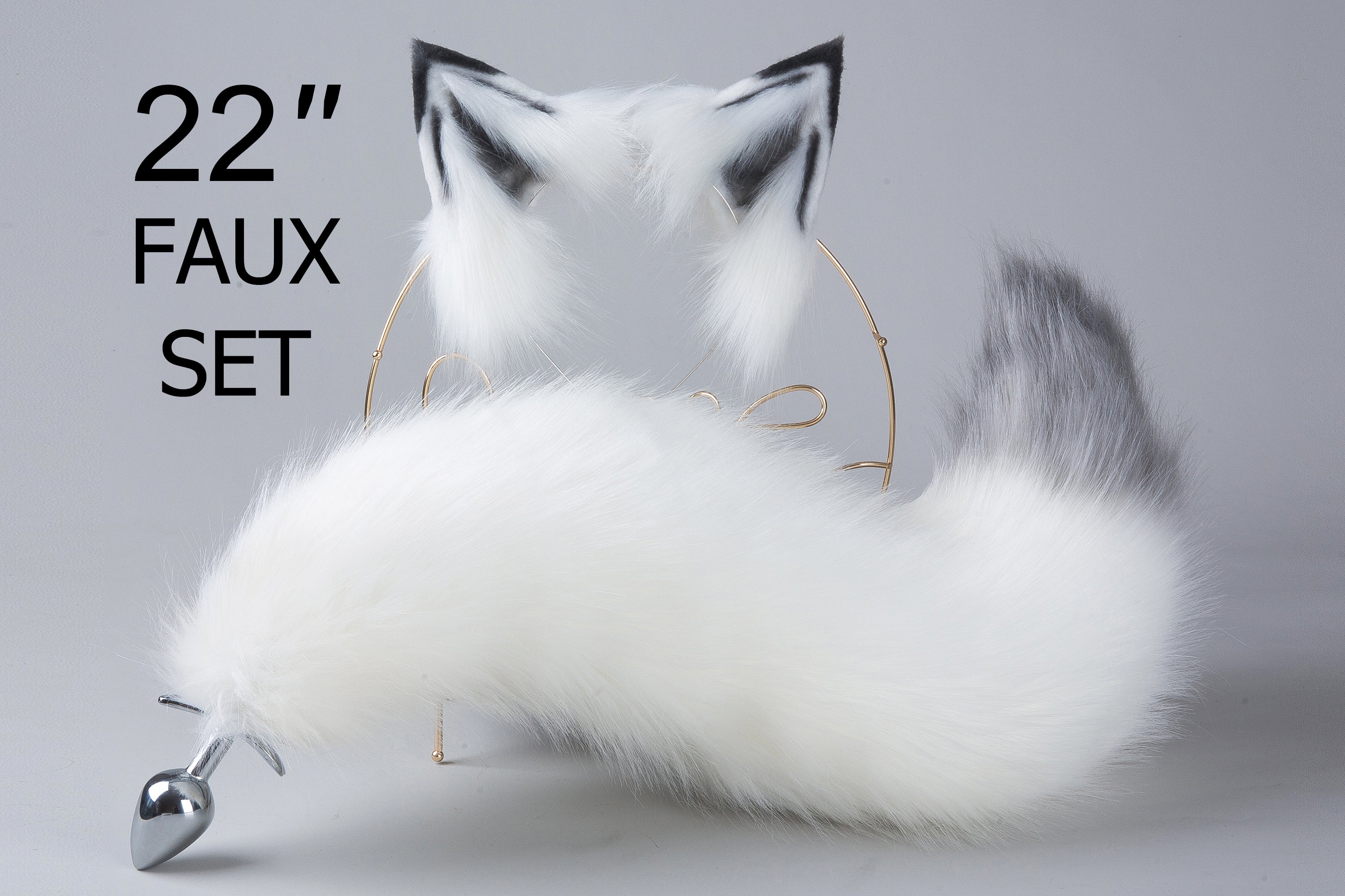 White and gray fox tail plug and ear neko ear and tail set neko cosplay anime wolf tail buttplug and ear kitten ear and tail plug set