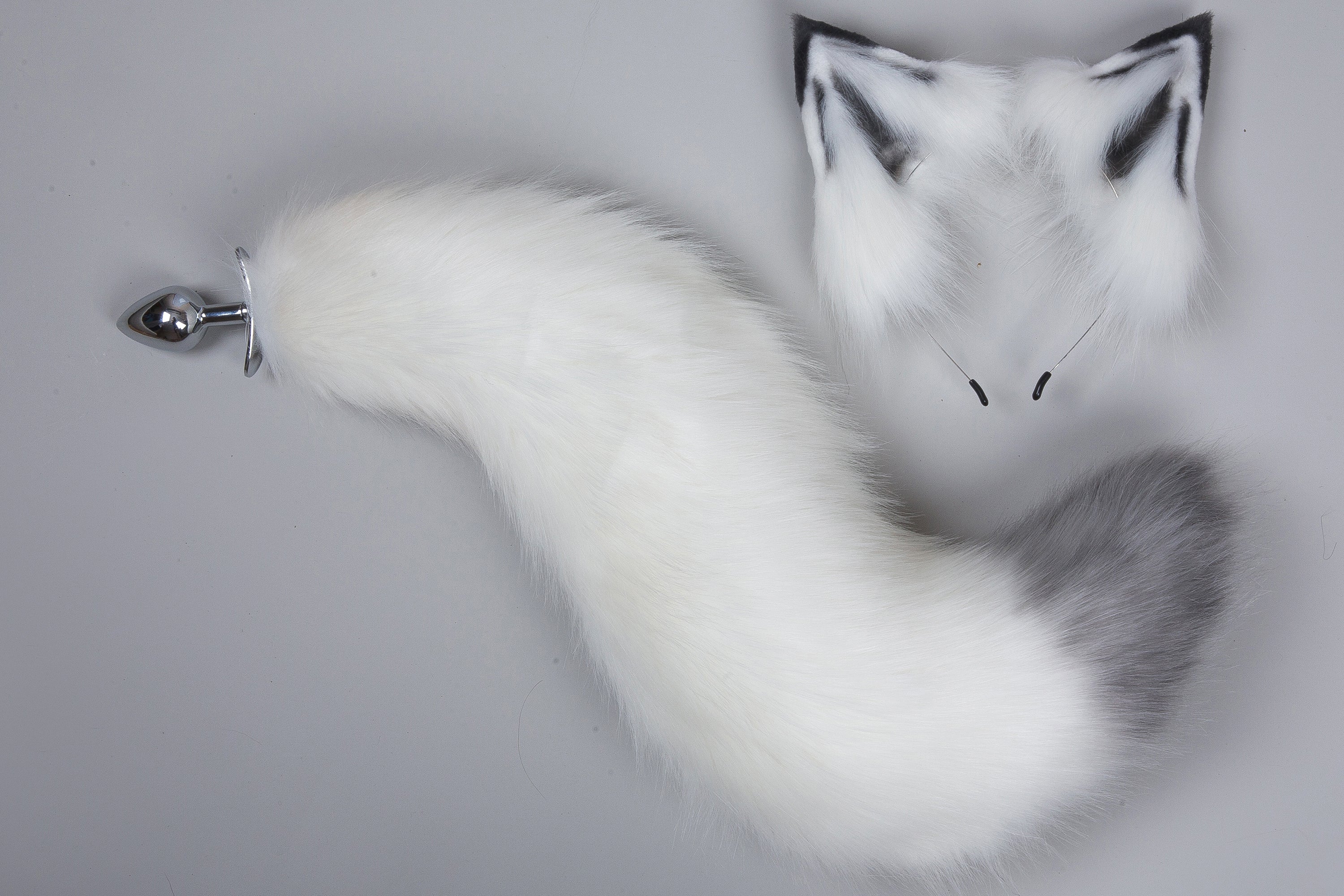 White and gray fox tail plug and ear neko ear and tail set neko cosplay anime wolf tail buttplug and ear kitten ear and tail plug set