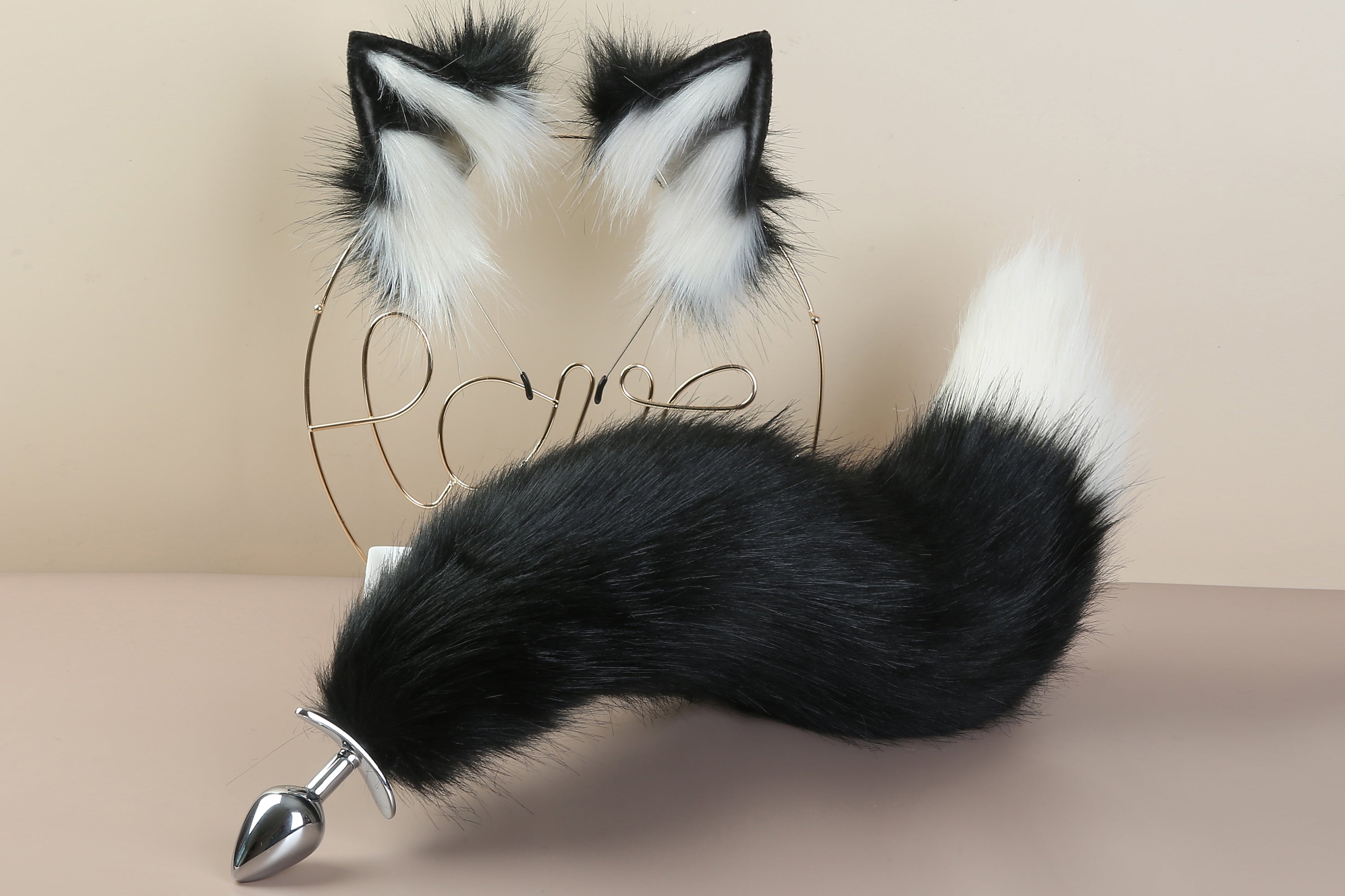 beige black fox tail plug and ear set wolf tail buttplug ass faux fur kitten tail butt plug cat petplay anime cosplay sex toy bdsm ddlg