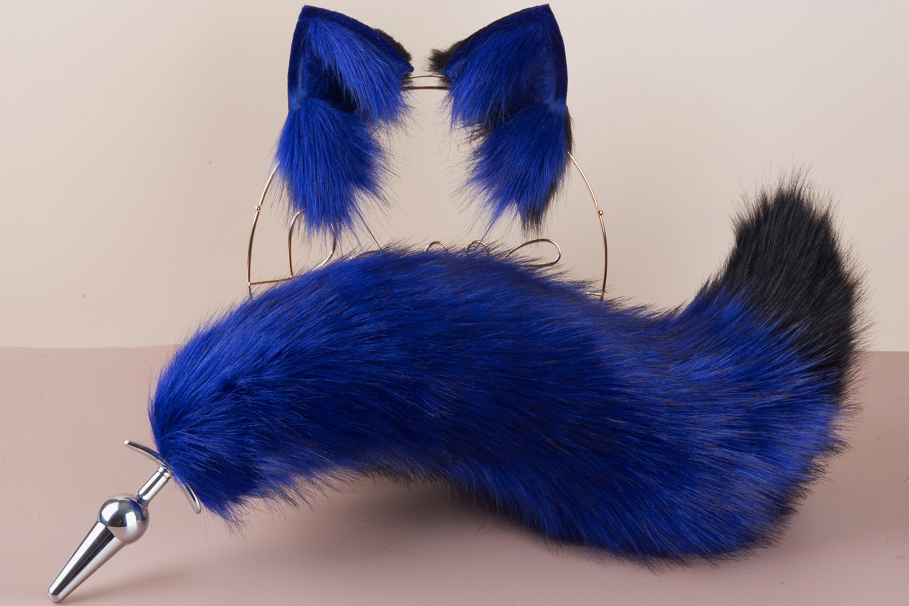 black and blue fox tail plug and ear neko ear and tail set neko cosplay anime wolf tail buttplug and ear kitten ear and tail plug set