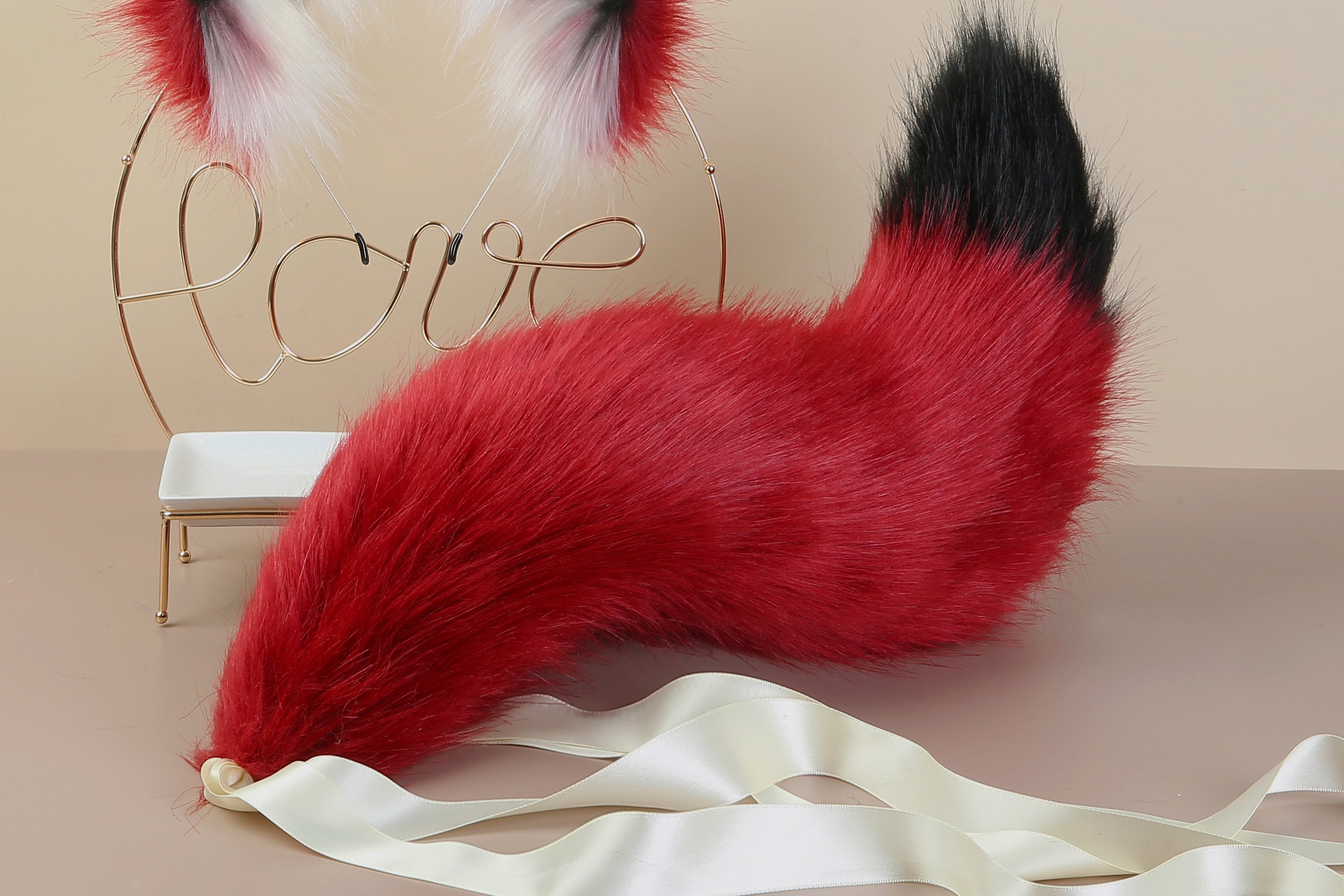 black red fox tail plug and ear set wolf tail buttplug ass faux fur kitten tail butt plug cat petplay anime cosplay sex toy bdsm ddlg