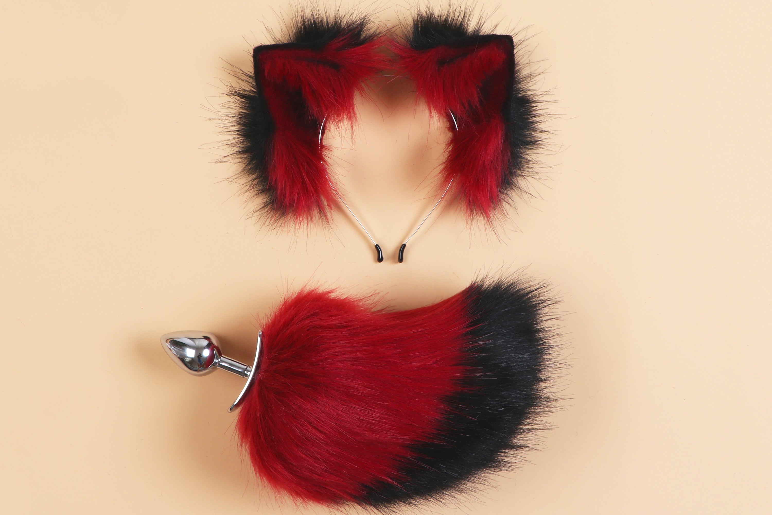 black red tail plug and ear petplay ear and tail butt plug ass tail and ear set tail buttplug bdsm sex toy anal plug tail cosplay