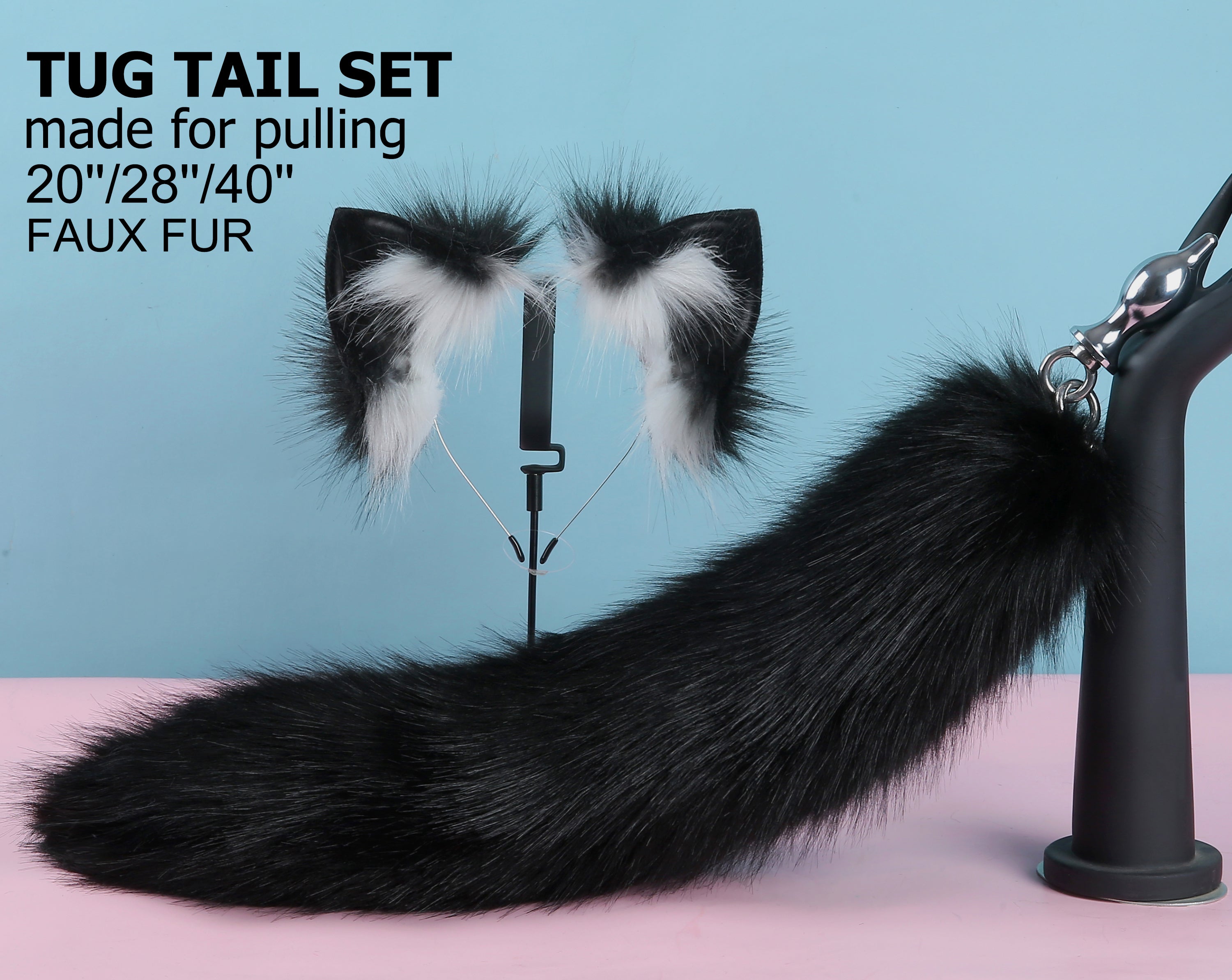 black tug tail plug and ear set faux fur fox tail butt plug wolf tail buttplug ddlg sex toy bdsm cat tail plug anal bondage petplay