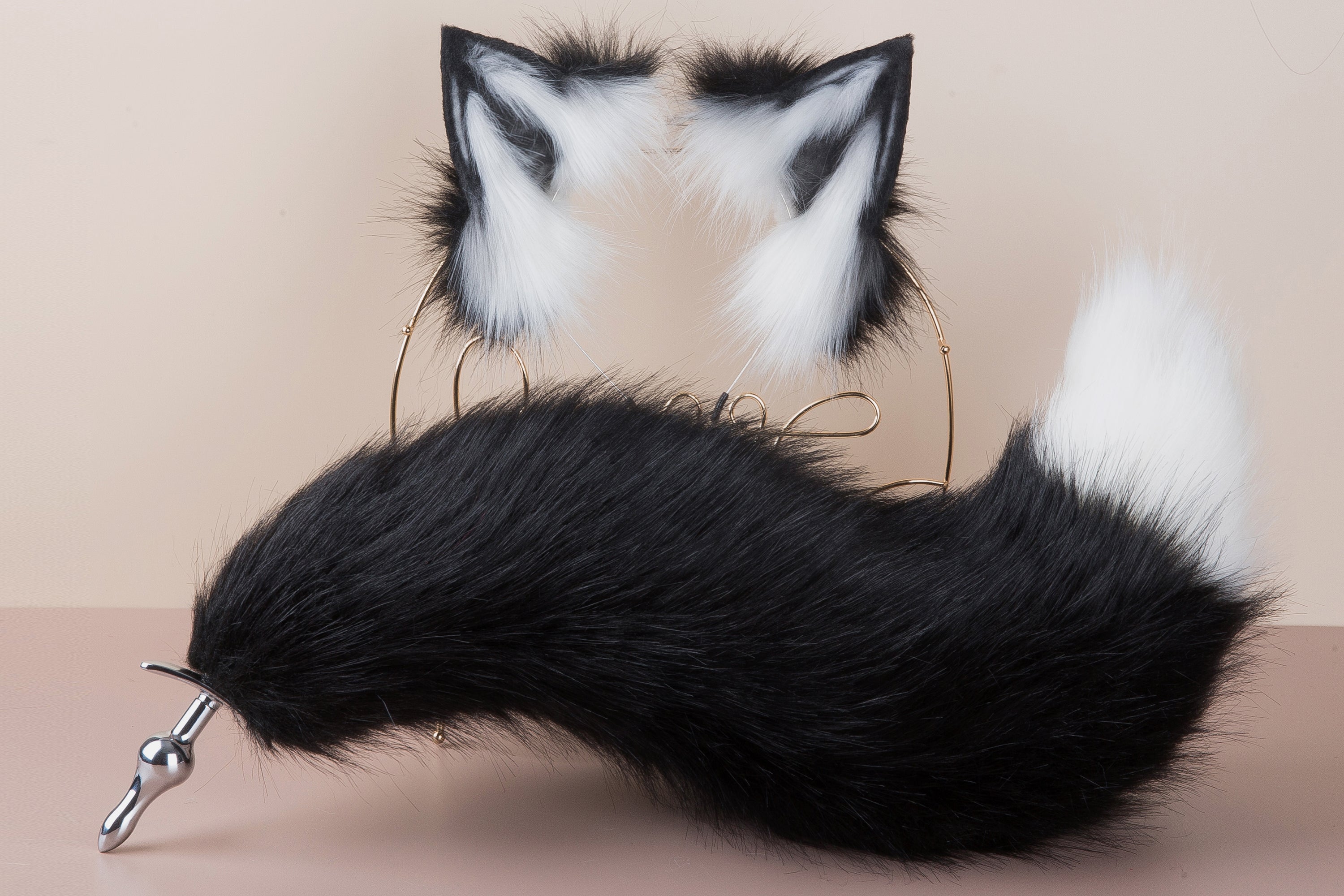 black white faux fur fox tail plug and ear set Curvy wolf tail butt plug and ear cat tail buttplug and ear neko ear Halloween gift