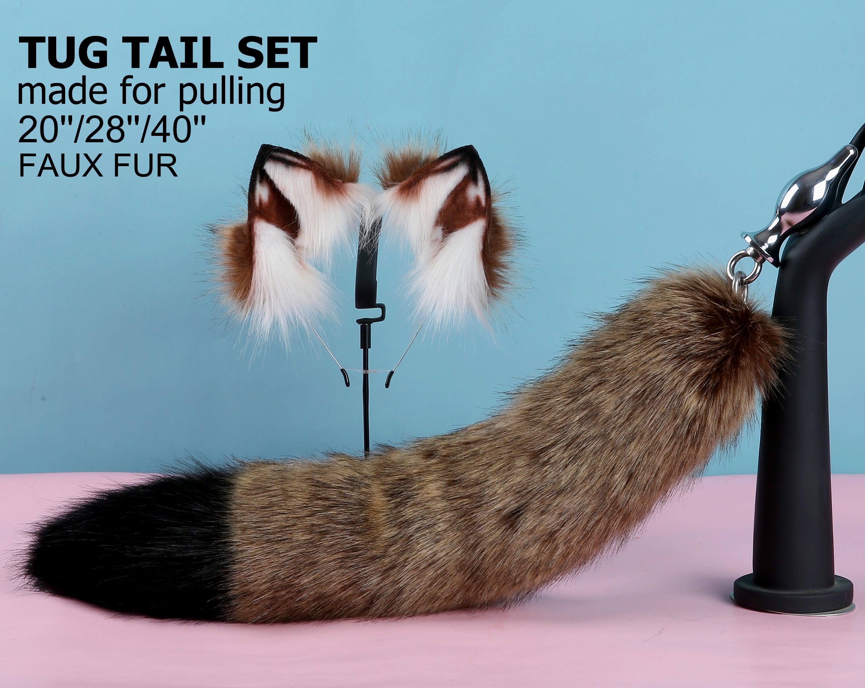 brown black tug tail plug and ear set faux fur fox tail butt plug wolf tail buttplug ddlg sex toy bdsm cat tail plug bondage petplay