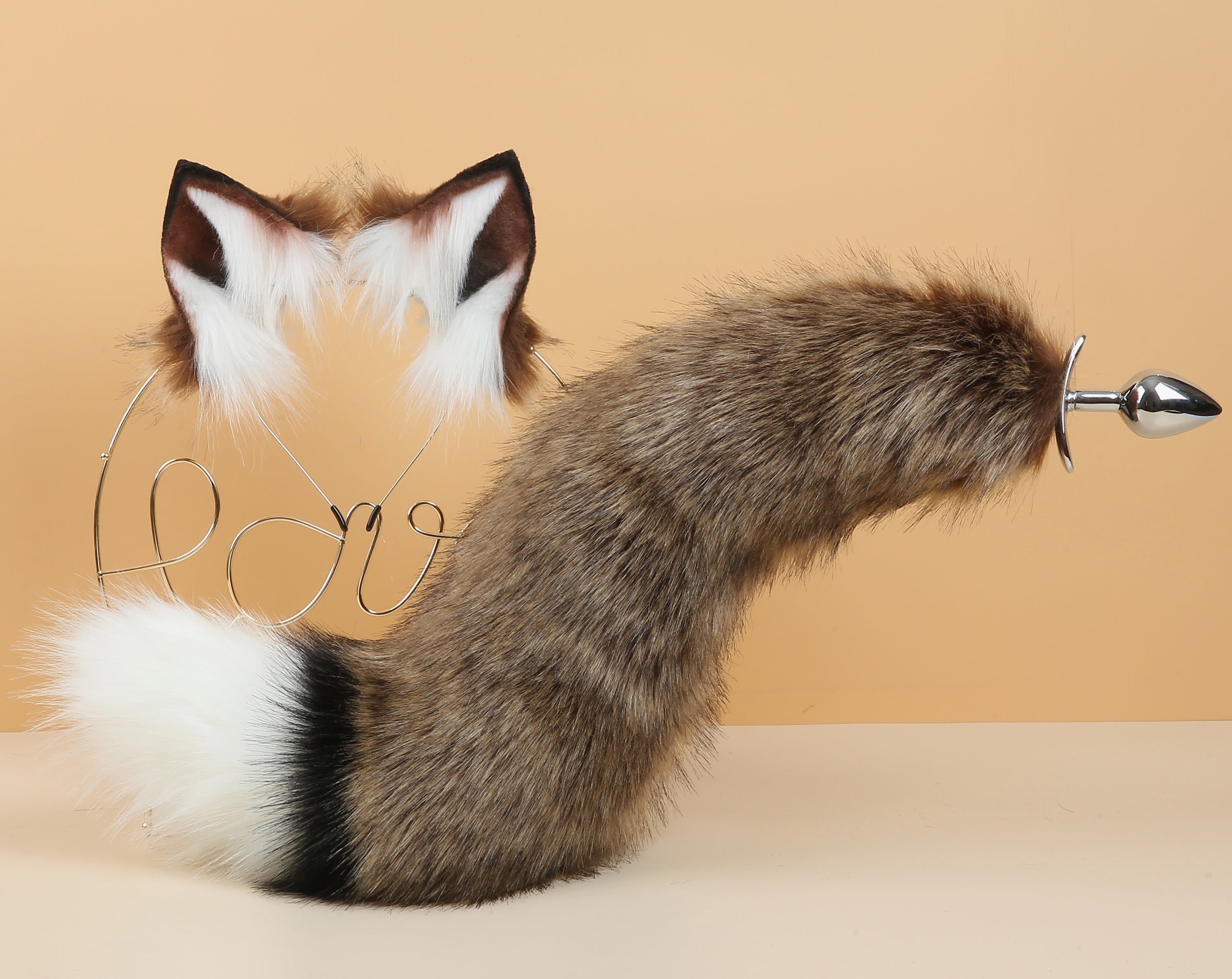 brown coffee fox tail plug and ear set curly fox tail butt plug and ear set wolf tail buttplug cat petplay bdsm cosplay anime sextoy