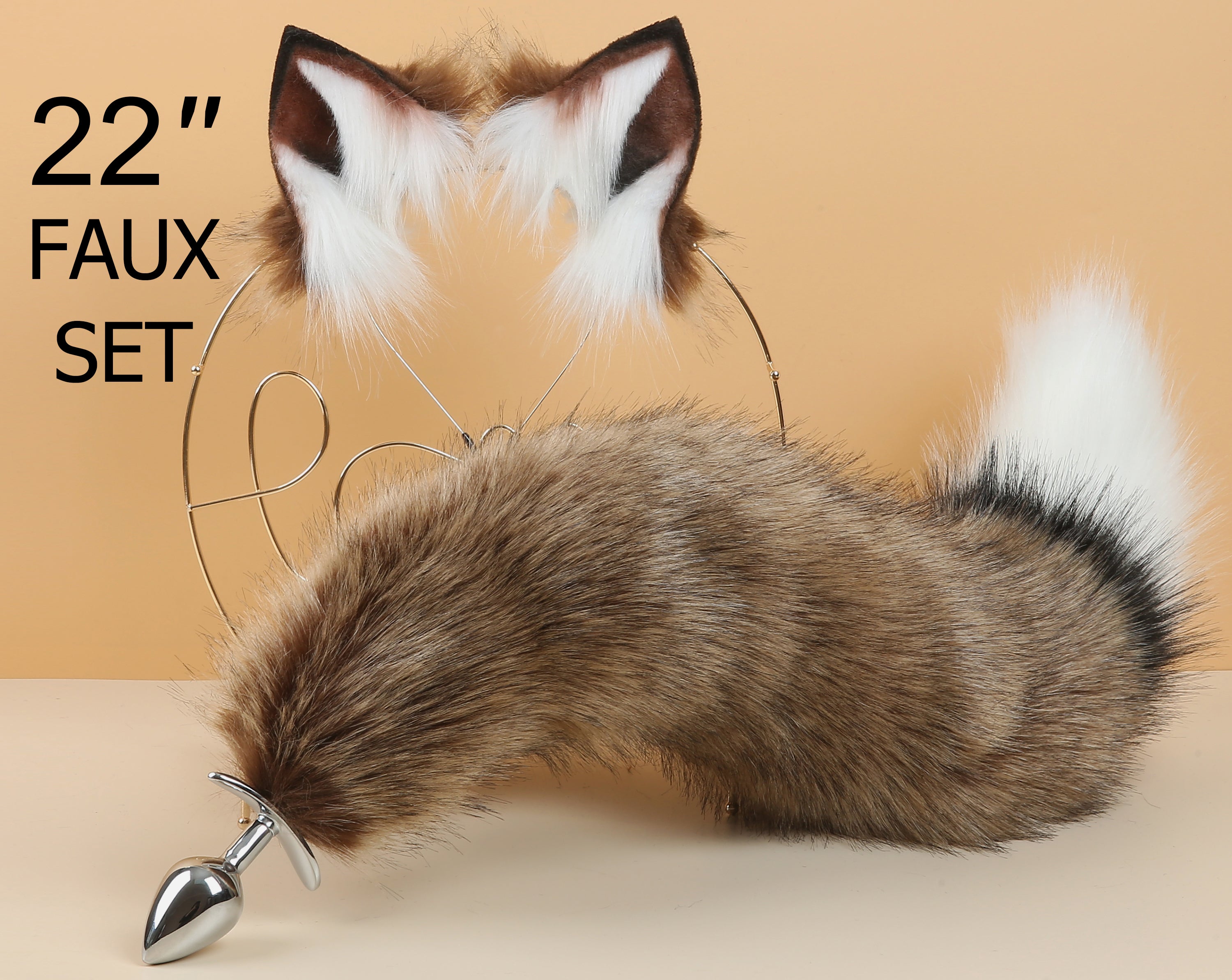 brown coffee fox tail plug and ear set curly fox tail butt plug and ear set wolf tail buttplug cat petplay bdsm cosplay anime sextoy