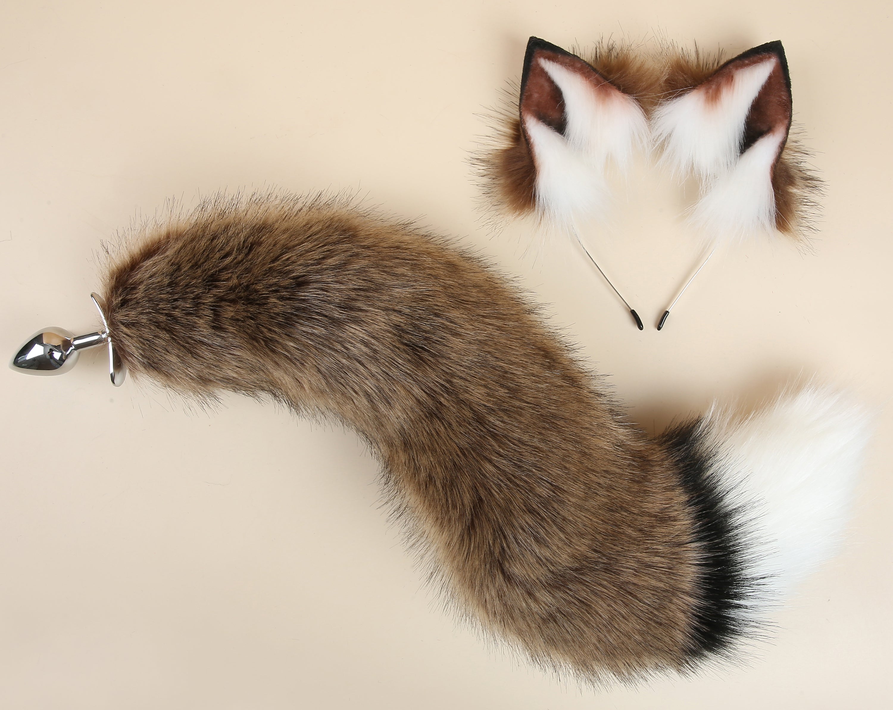 brown coffee fox tail plug and ear set curly fox tail butt plug and ear set wolf tail buttplug cat petplay bdsm cosplay anime sextoy