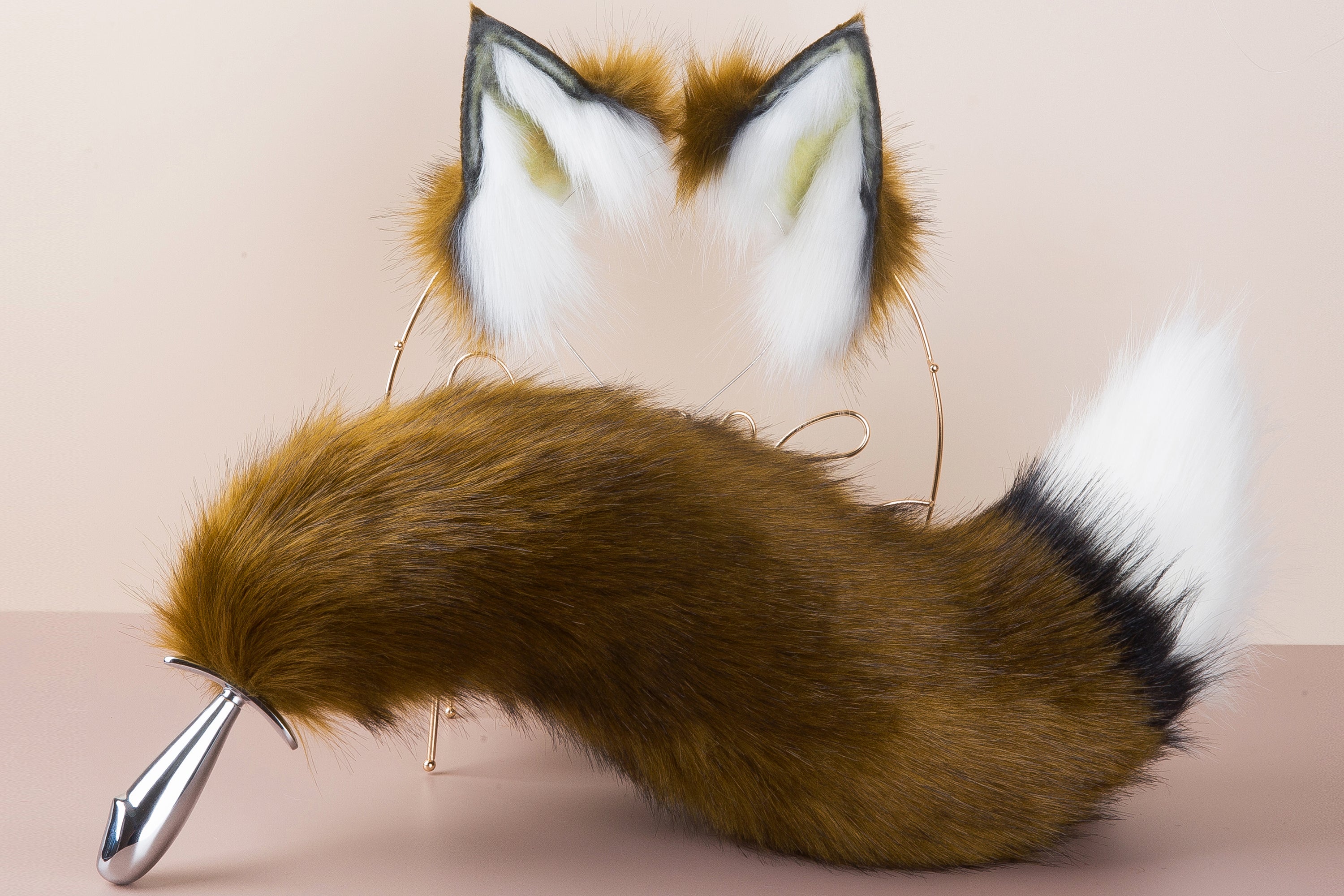 brown white fox tail plug and ear neko ear and tail set neko cosplay anime wolf tail buttplug and ear kitten ear and tail plug set