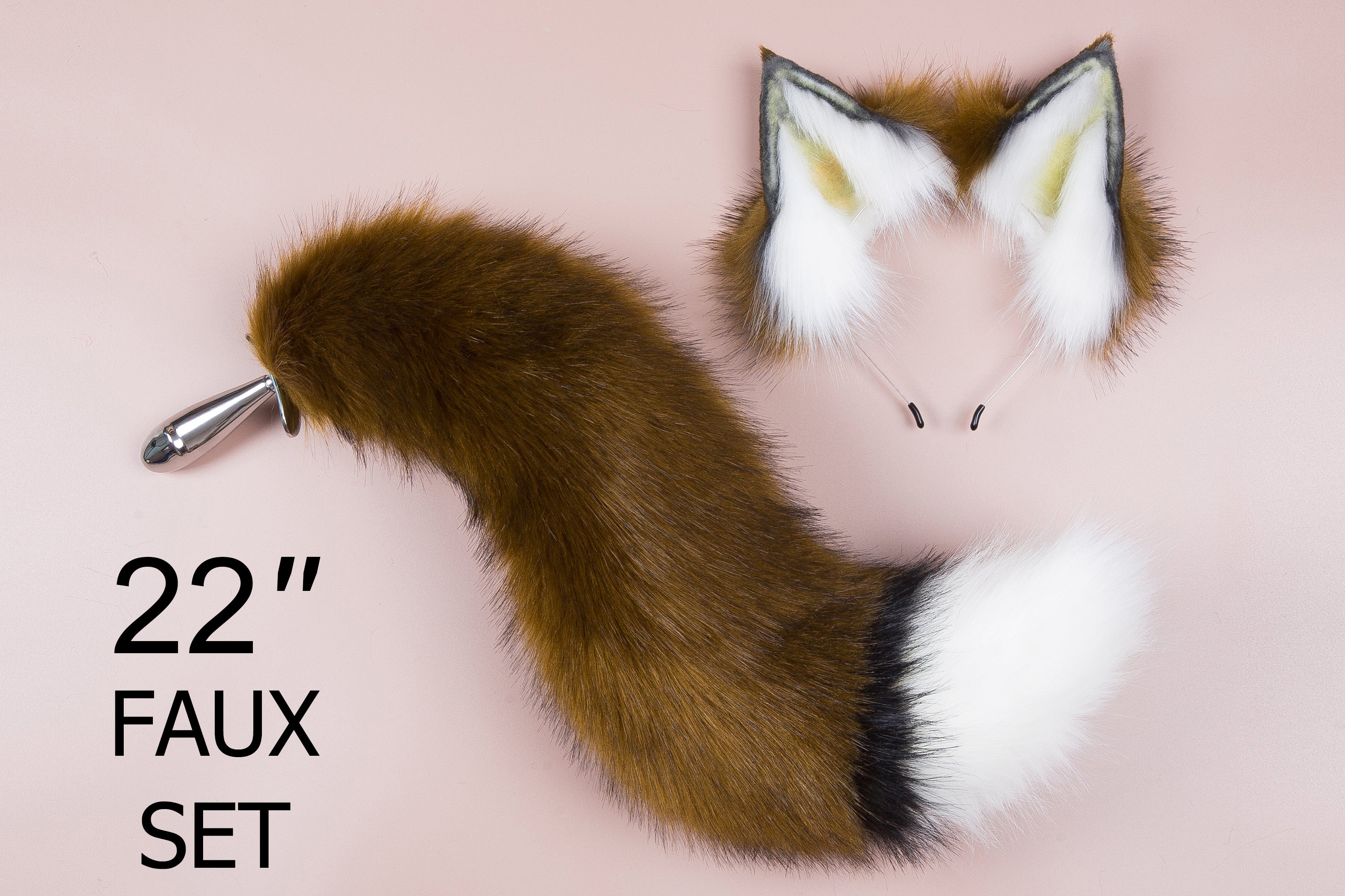 brown white fox tail plug and ear neko ear and tail set neko cosplay anime wolf tail buttplug and ear kitten ear and tail plug set