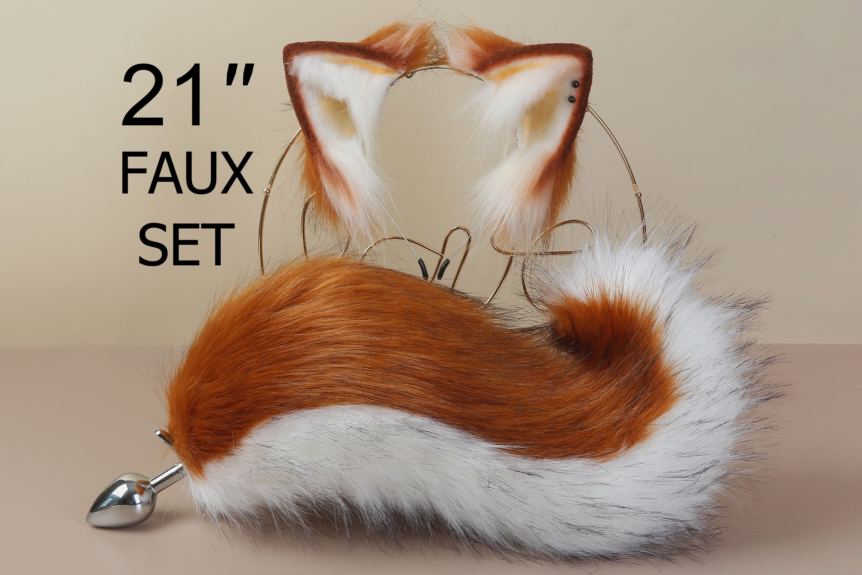 brown white fox tail plug and ears set faux fur curly tail butt plug kitten wolf tail buttplug cat petplay bdsm cosplay anime sex toy