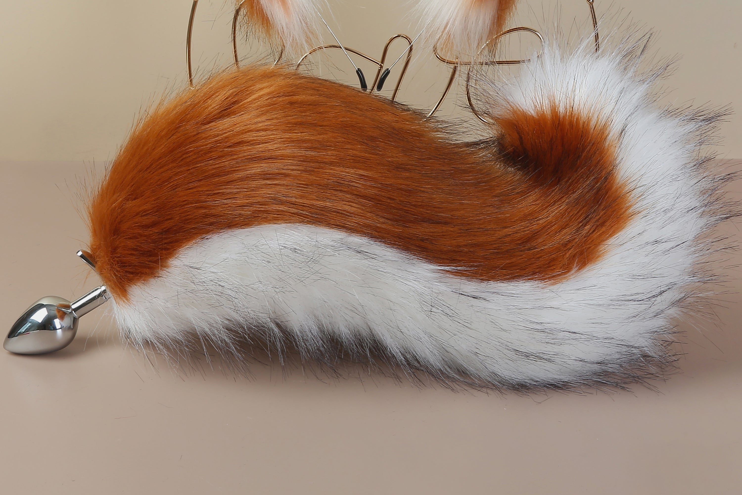 brown white fox tail plug and ears set faux fur curly tail butt plug kitten wolf tail buttplug cat petplay bdsm cosplay anime sex toy