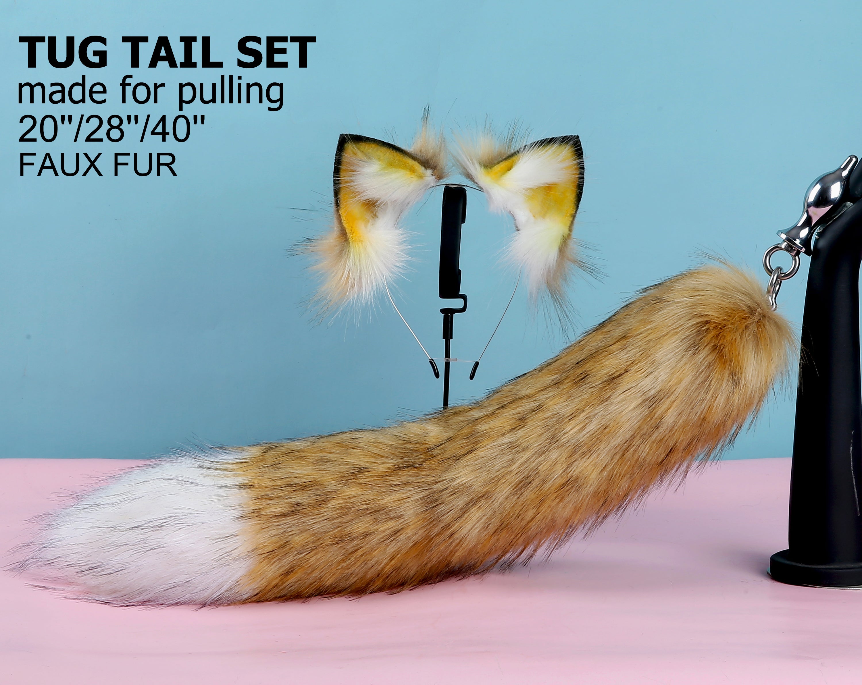 brown white tug tail plug and ear set faux fur fox tail butt plug wolf tail buttplug ddlg sex toy bdsm cat tail plug bondage petplay mature