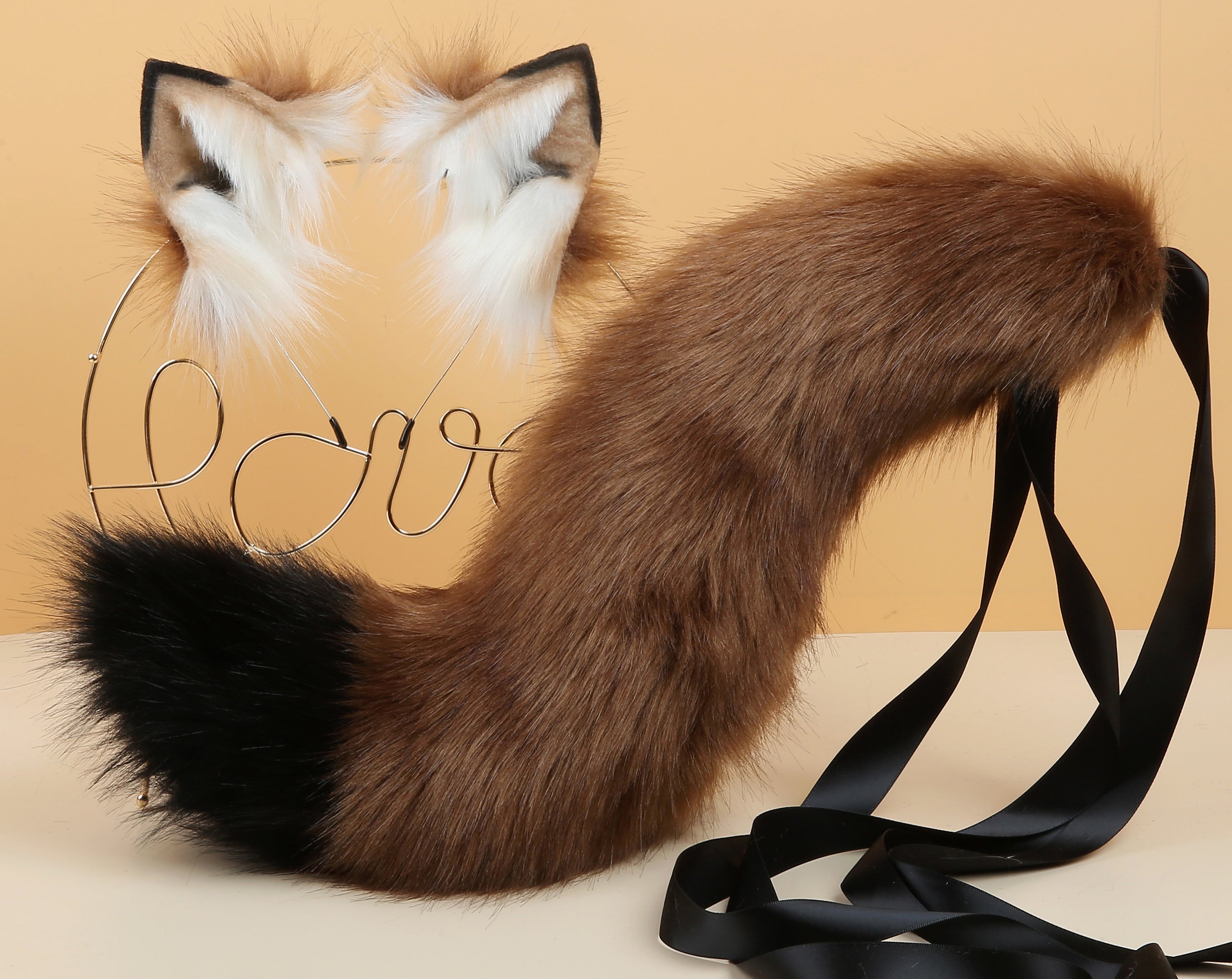 faux fur curly fox tail plug and ear and tail plug set wolf tail buttplug and ear kitten play set cosplay ear and tail plug T shaped tail plug and ear