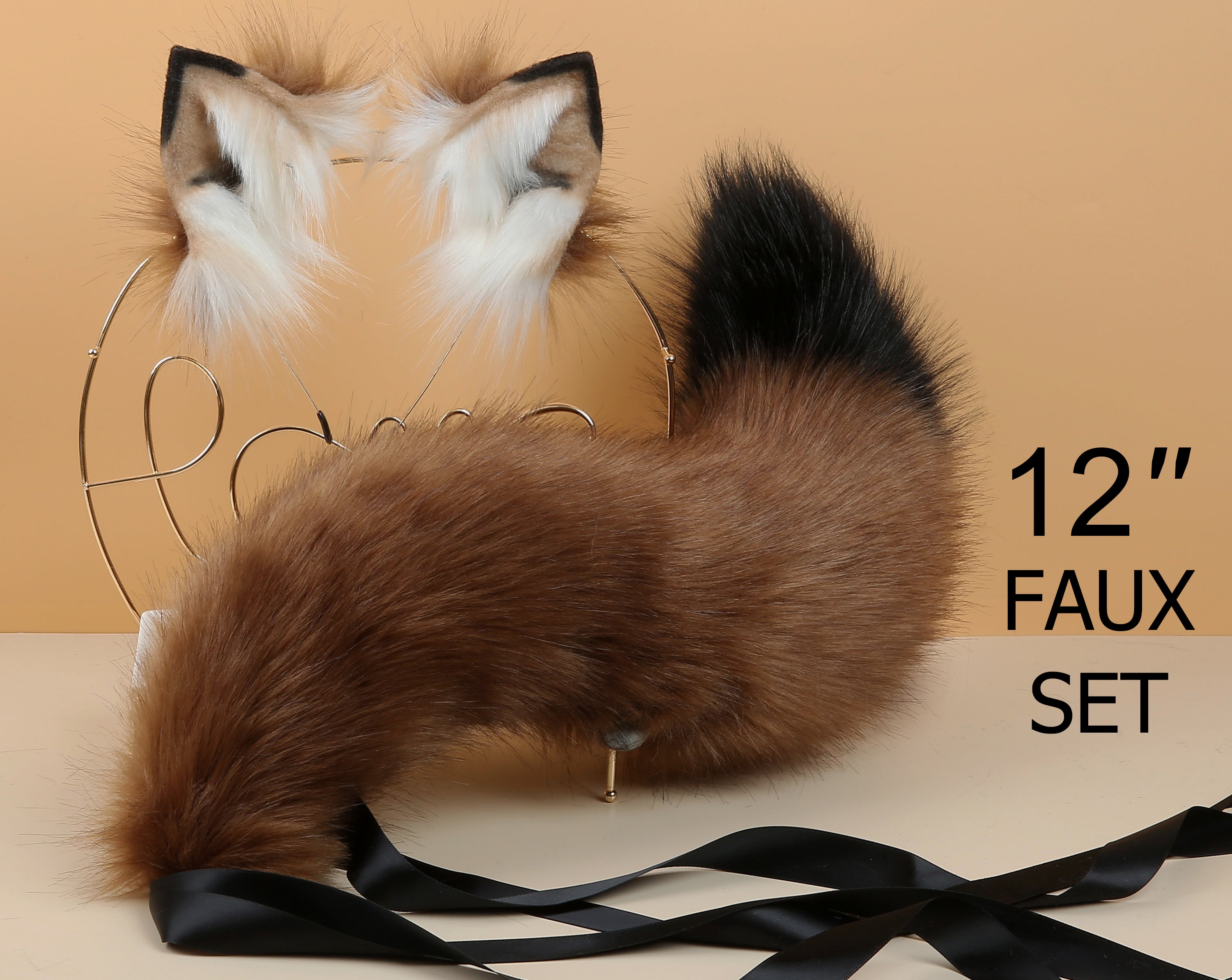 faux fur curly fox tail plug and ear and tail plug set wolf tail buttplug and ear kitten play set cosplay ear and tail plug T shaped tail plug and ear