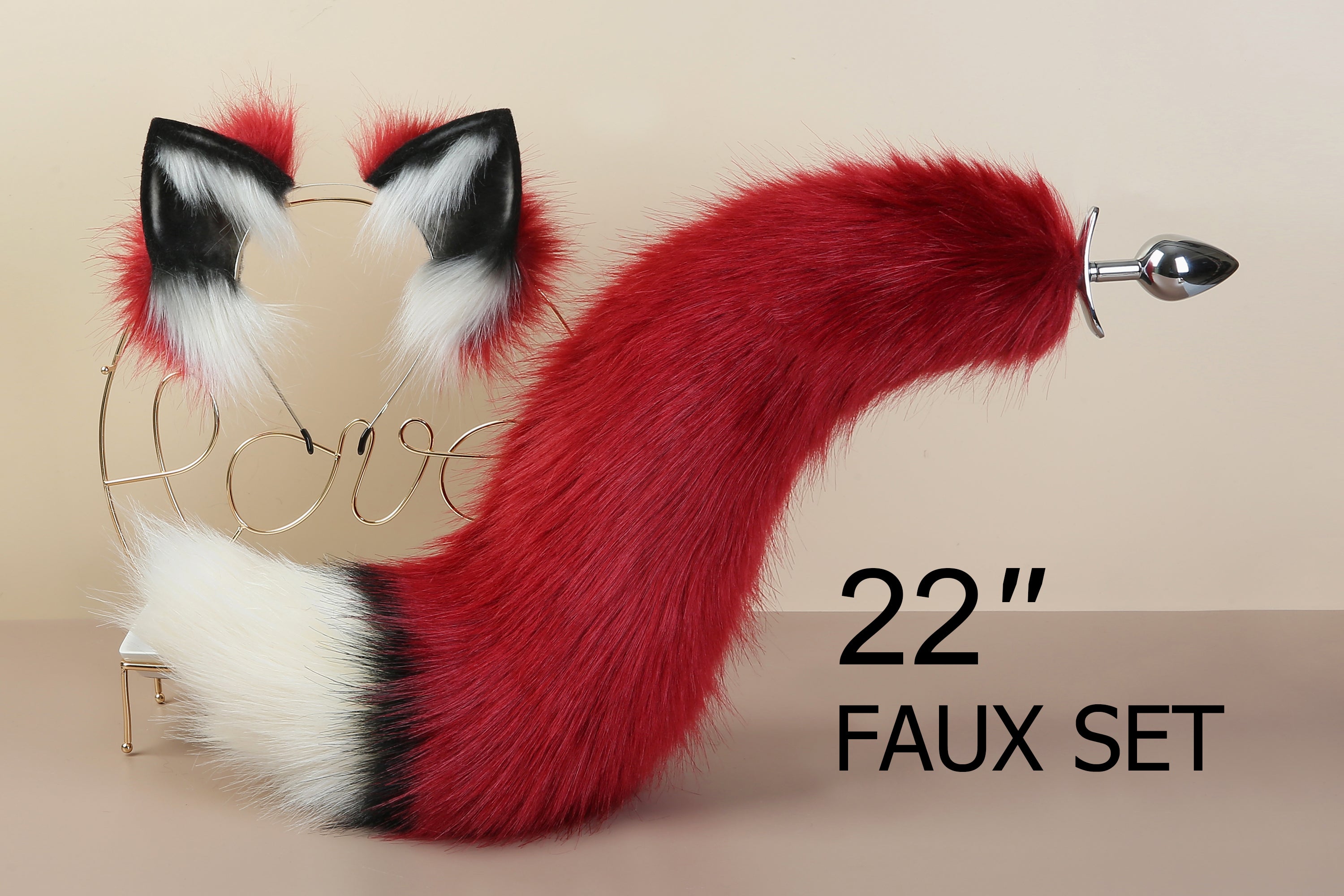 faux fur black red fox tail plug and ear set wolf tail butt plug and ear cat tail buttplug and ear neko cosplay ear sextoy for couple