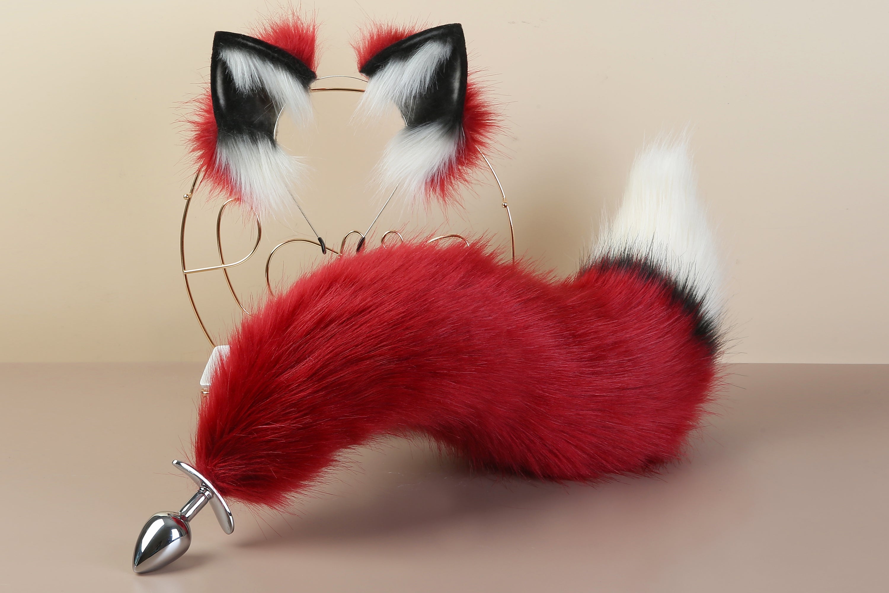 faux fur black red fox tail plug and ear set wolf tail butt plug and ear cat tail buttplug and ear neko cosplay ear sextoy for couple