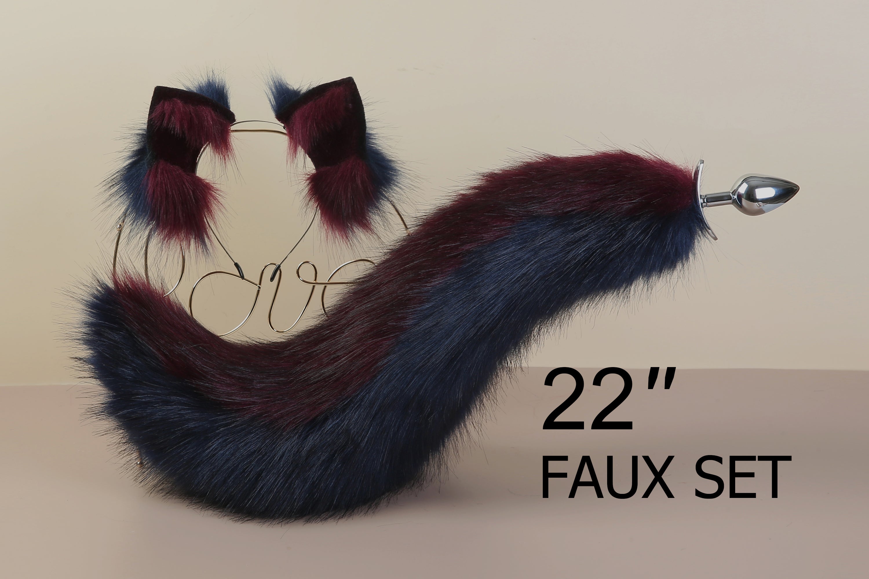 faux fur curvy fox tail plug and ear and tail plug set wolf tail buttplug and ear kitten play set cosplay ear and tail plug T shaped