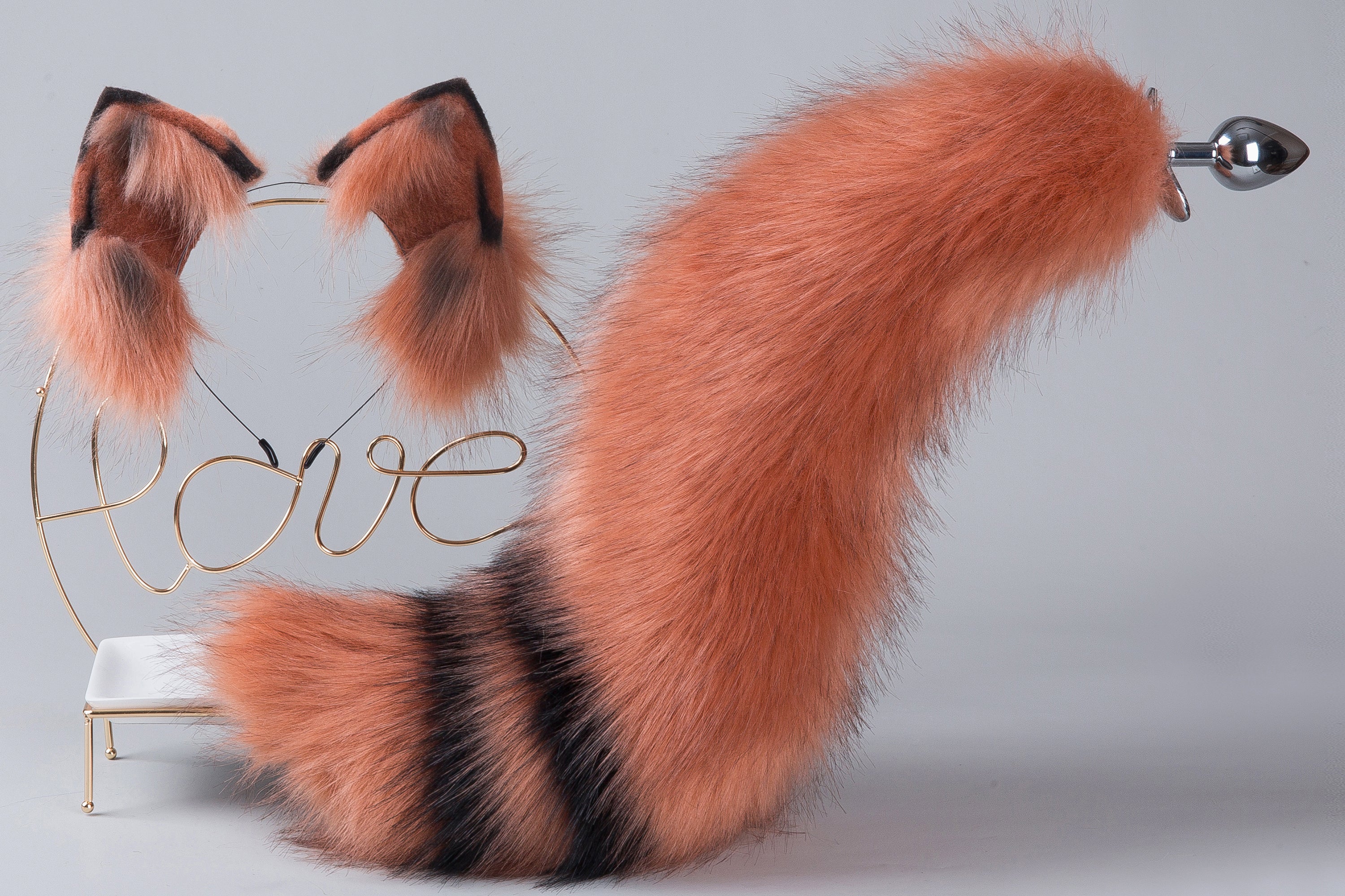 faux fur curvy fox tail plug and ear neko ear and tail set neko cosplay anime wolf tail buttplug and ear kitten ear and tail plug set