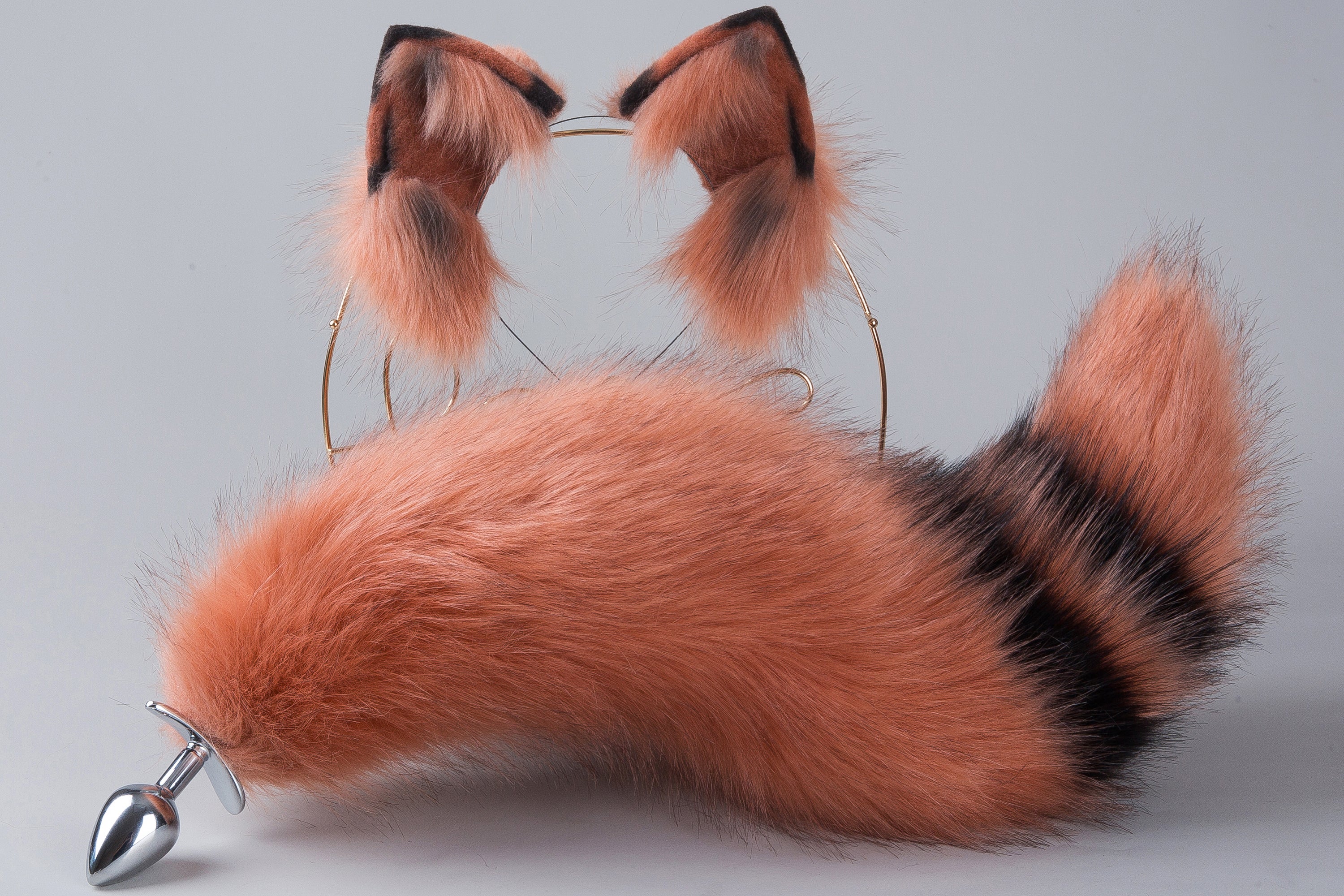 faux fur curvy fox tail plug and ear neko ear and tail set neko cosplay anime wolf tail buttplug and ear kitten ear and tail plug set