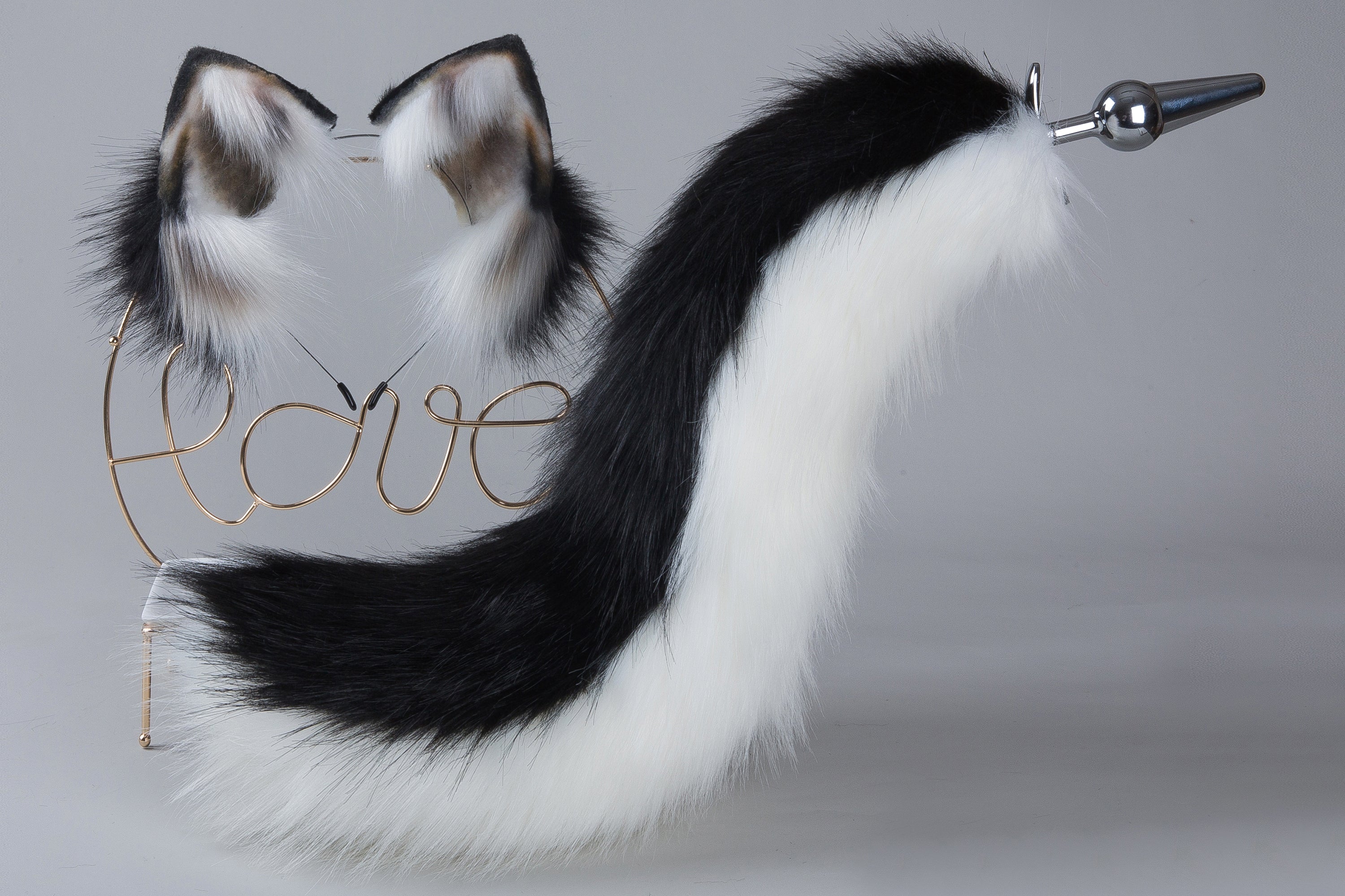 faux fur fox tail plug and ear set black white Curvy wolf tail butt plug and ear cat tail buttplug and ear neko ear Halloween gift