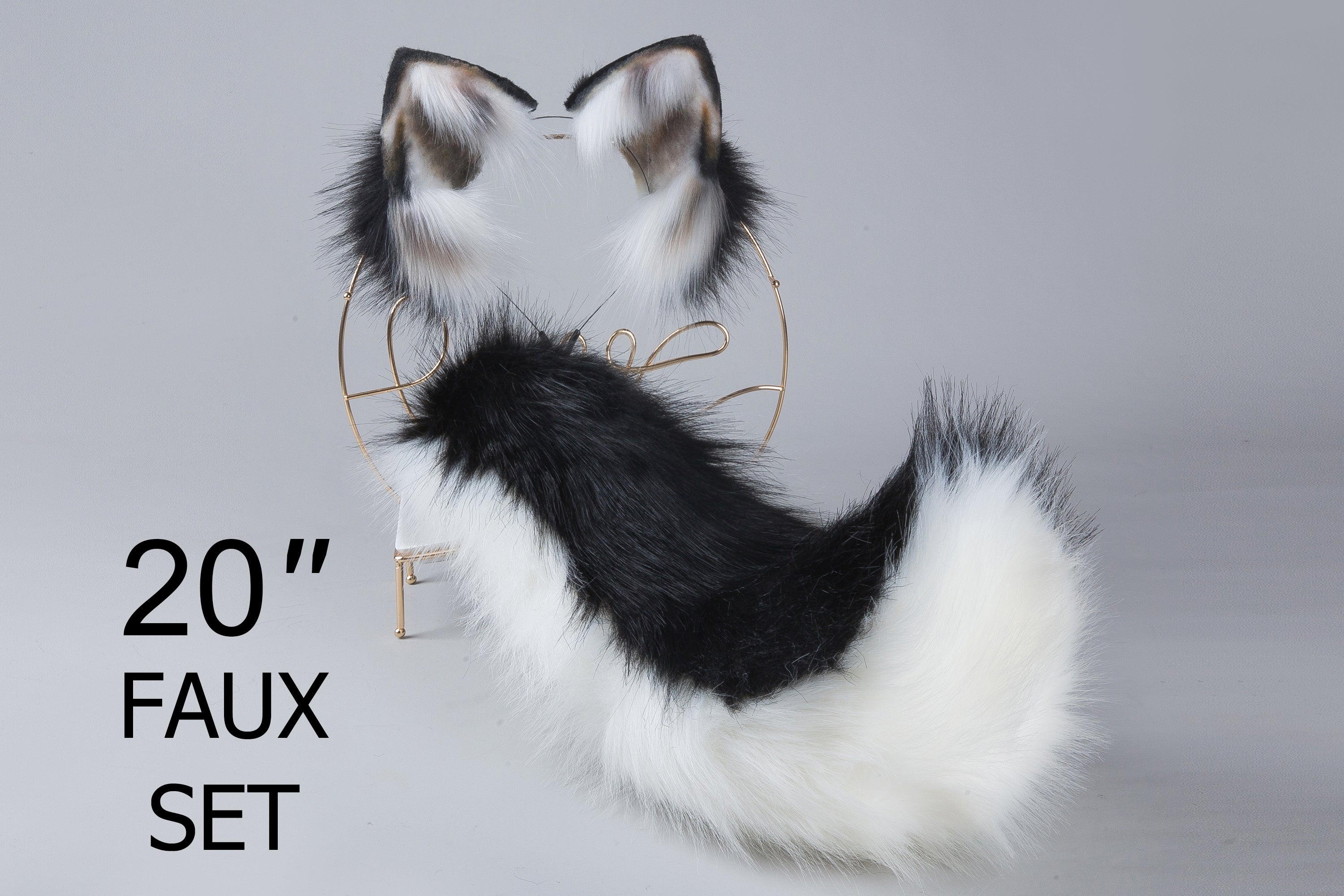 faux fur fox tail plug and ear set black white Curvy wolf tail butt plug and ear cat tail buttplug and ear neko ear Halloween gift