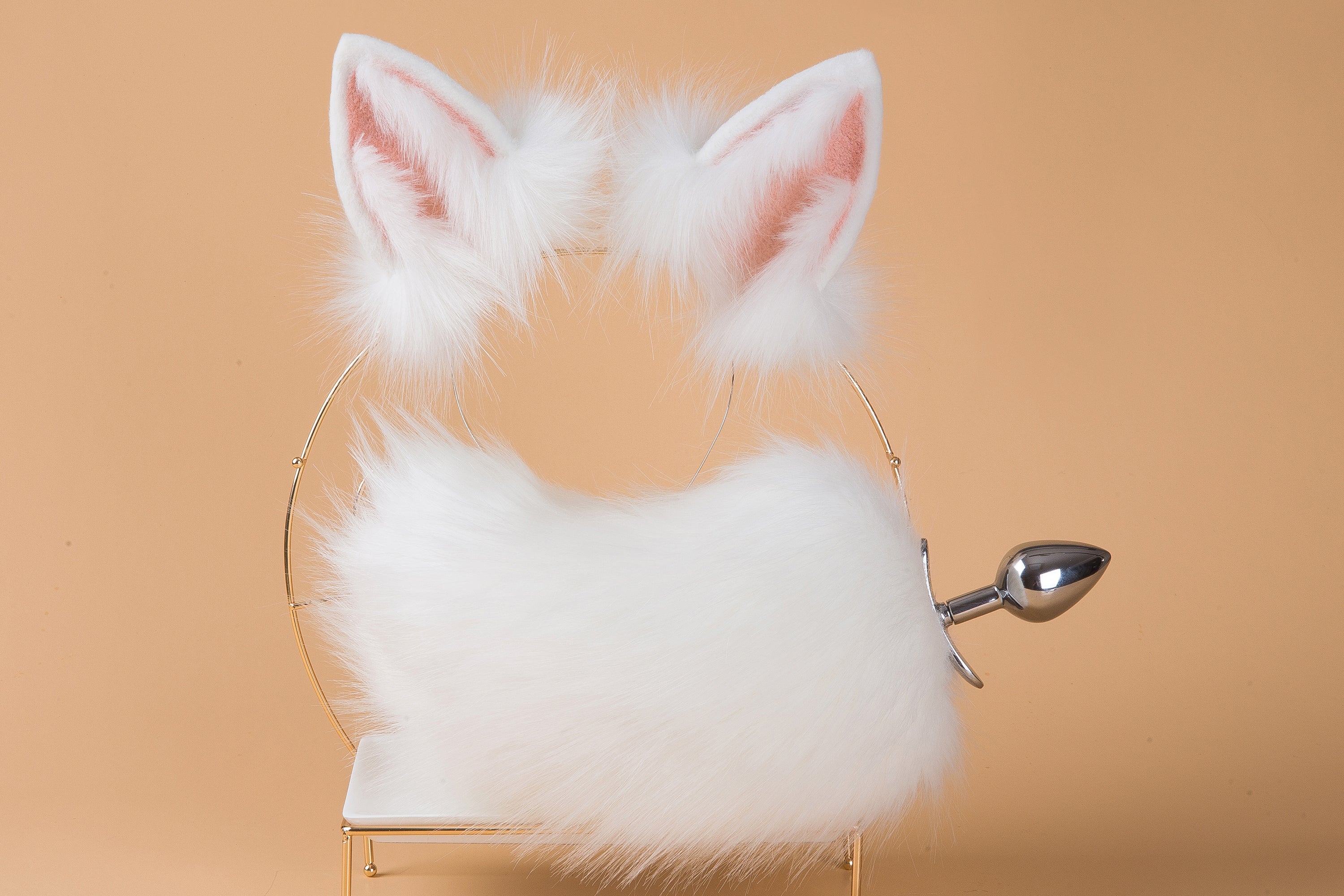 faux fur white bunny tail plug and ear set neko cosplay anime cosplay neko ear and tail kitten play rabbit tail butt plug and ear set