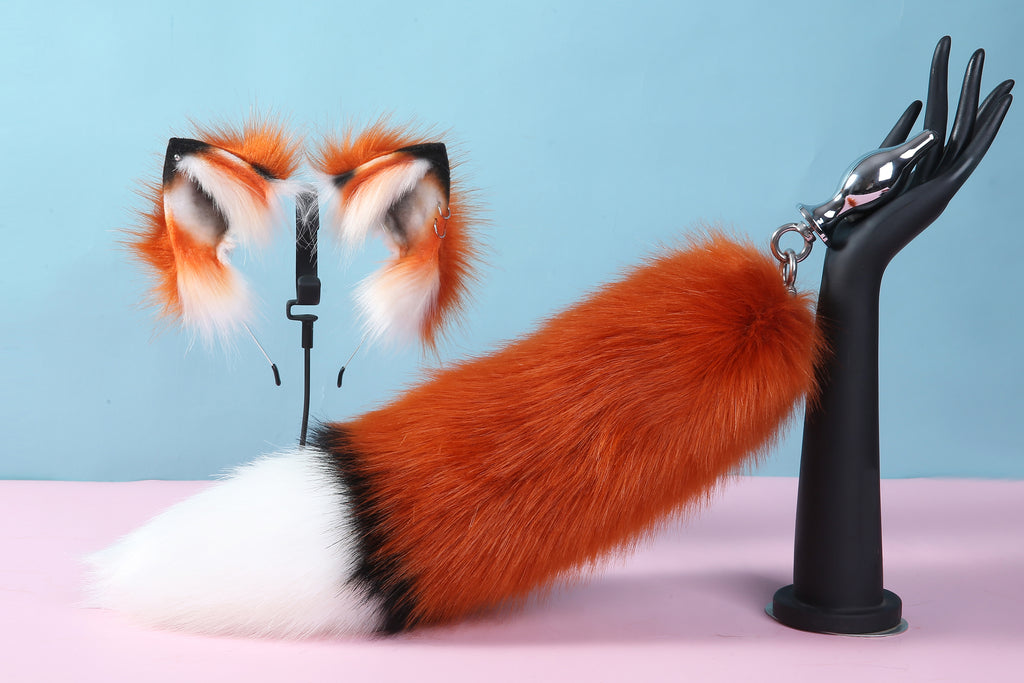 fluffy tug tail plug and ear set red fox ear and tail butt plug set wo