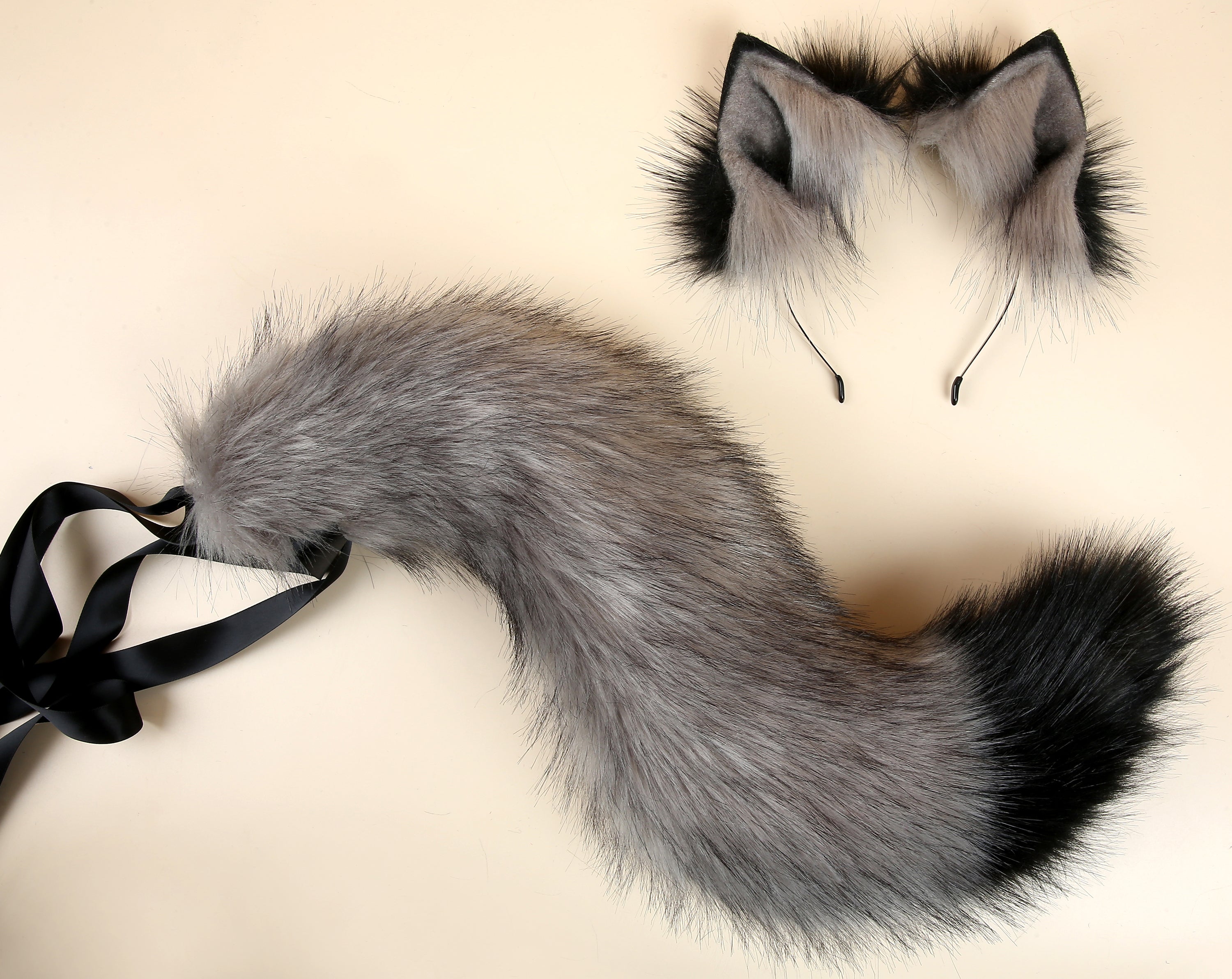 gray black faux fur fox tail plug and ear wolf tail buttplug and ear kitten ear and tail plug set curved tail and ear plug cosplay mature