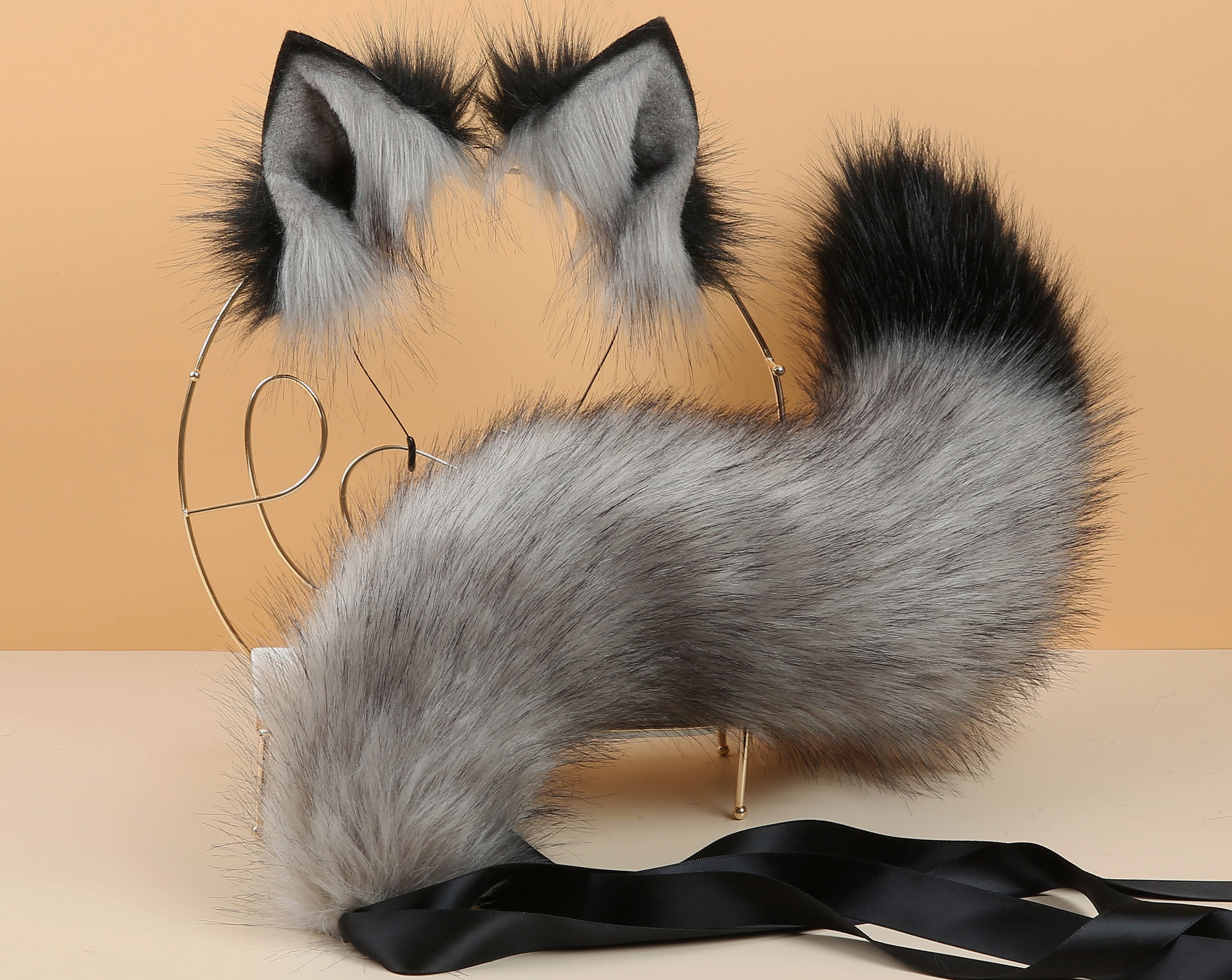 gray black faux fur fox tail plug and ear wolf tail buttplug and ear kitten ear and tail plug set curved tail and ear plug cosplay mature