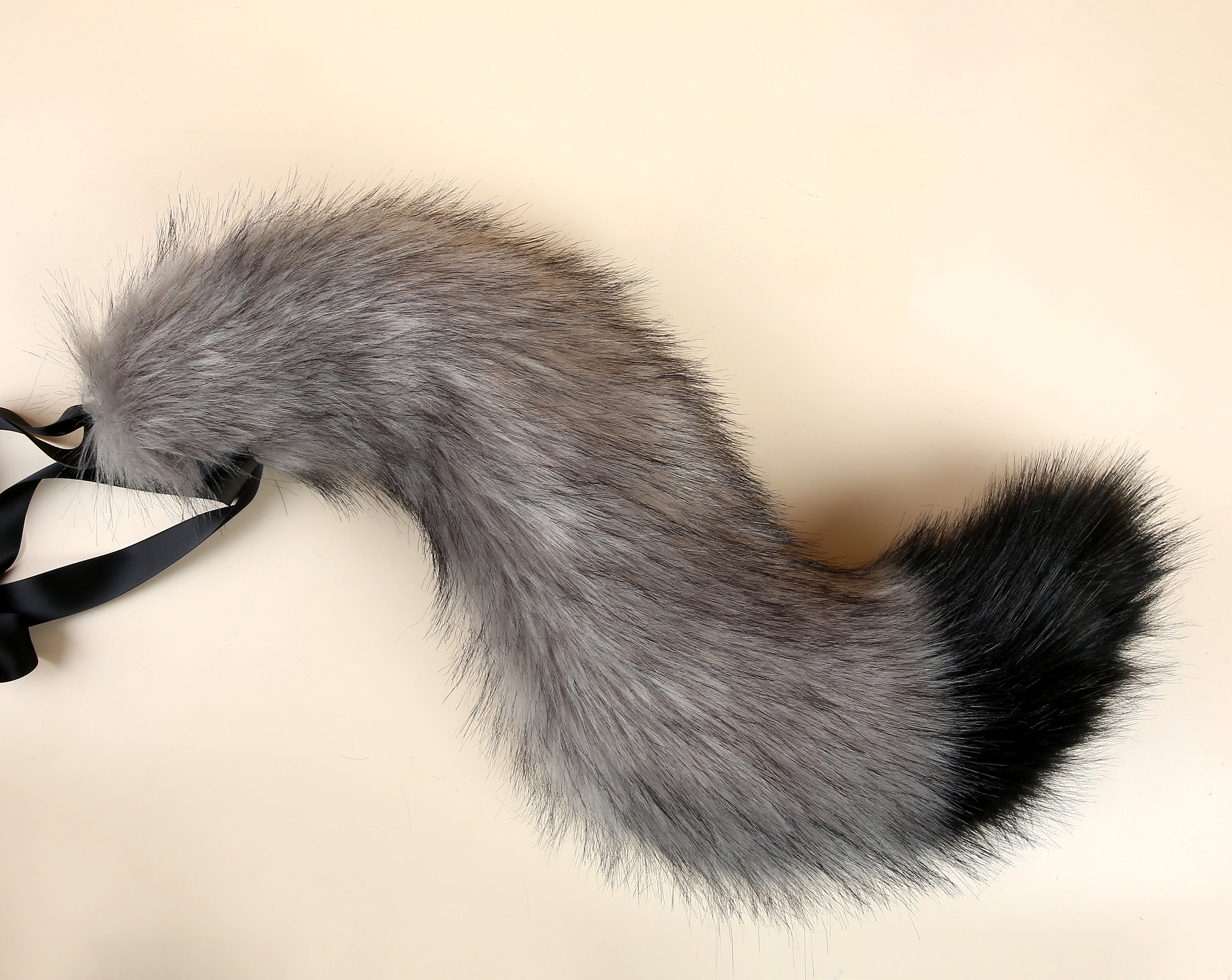 gray black faux fur fox tail plug and ear wolf tail buttplug and ear kitten ear and tail plug set curved tail and ear plug cosplay mature