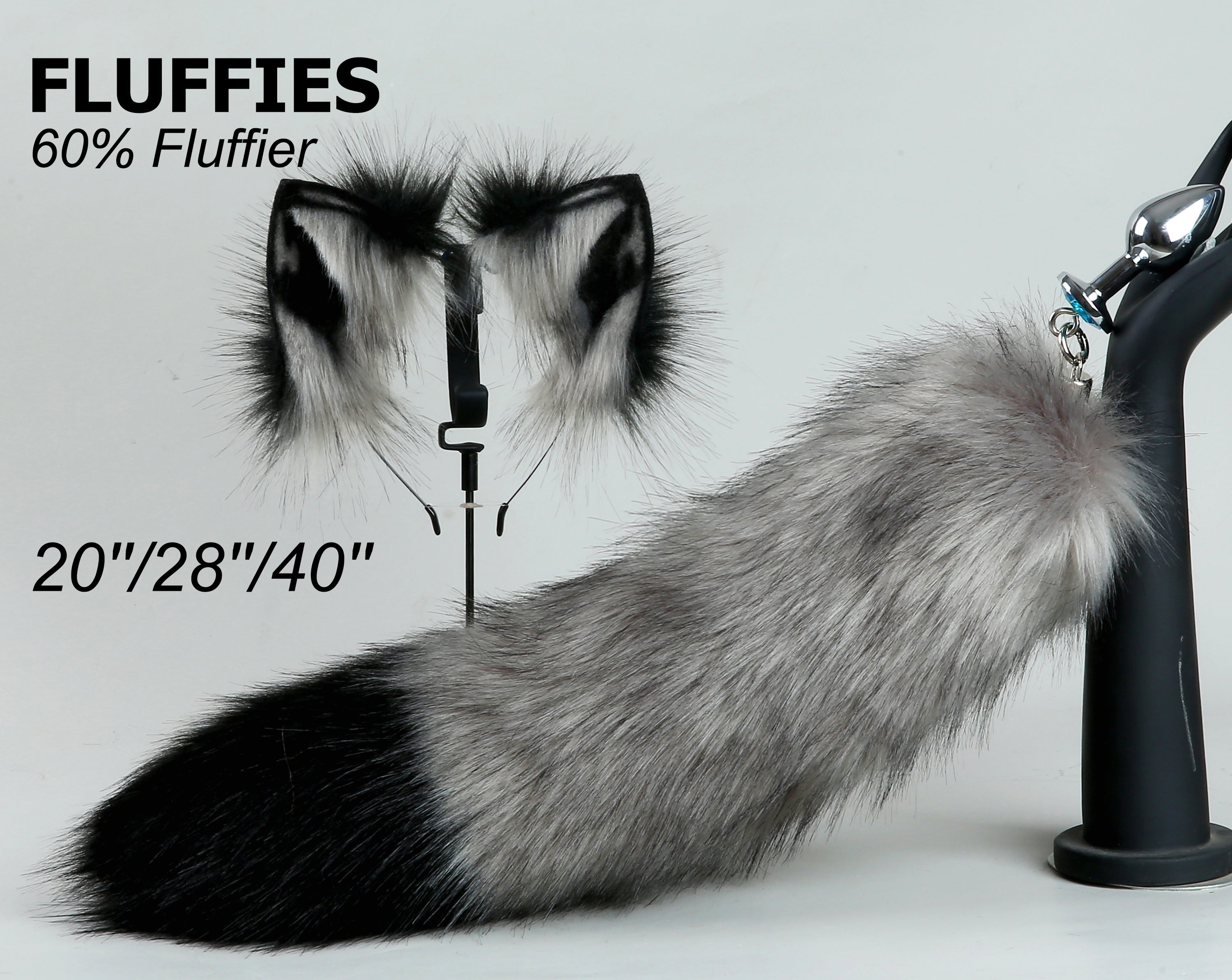 gray black fluffy fox tail plug and ear set wolf tail butt plug tail buttpluganime cosplay earpetplay kitten tail plug anal sextoy