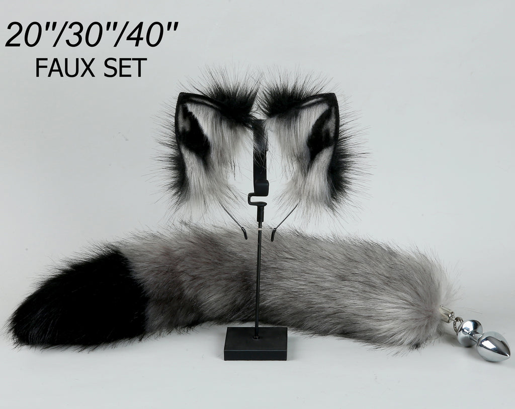 gray black fox tail plug and ear set fox ear wolf tail butt plug tail