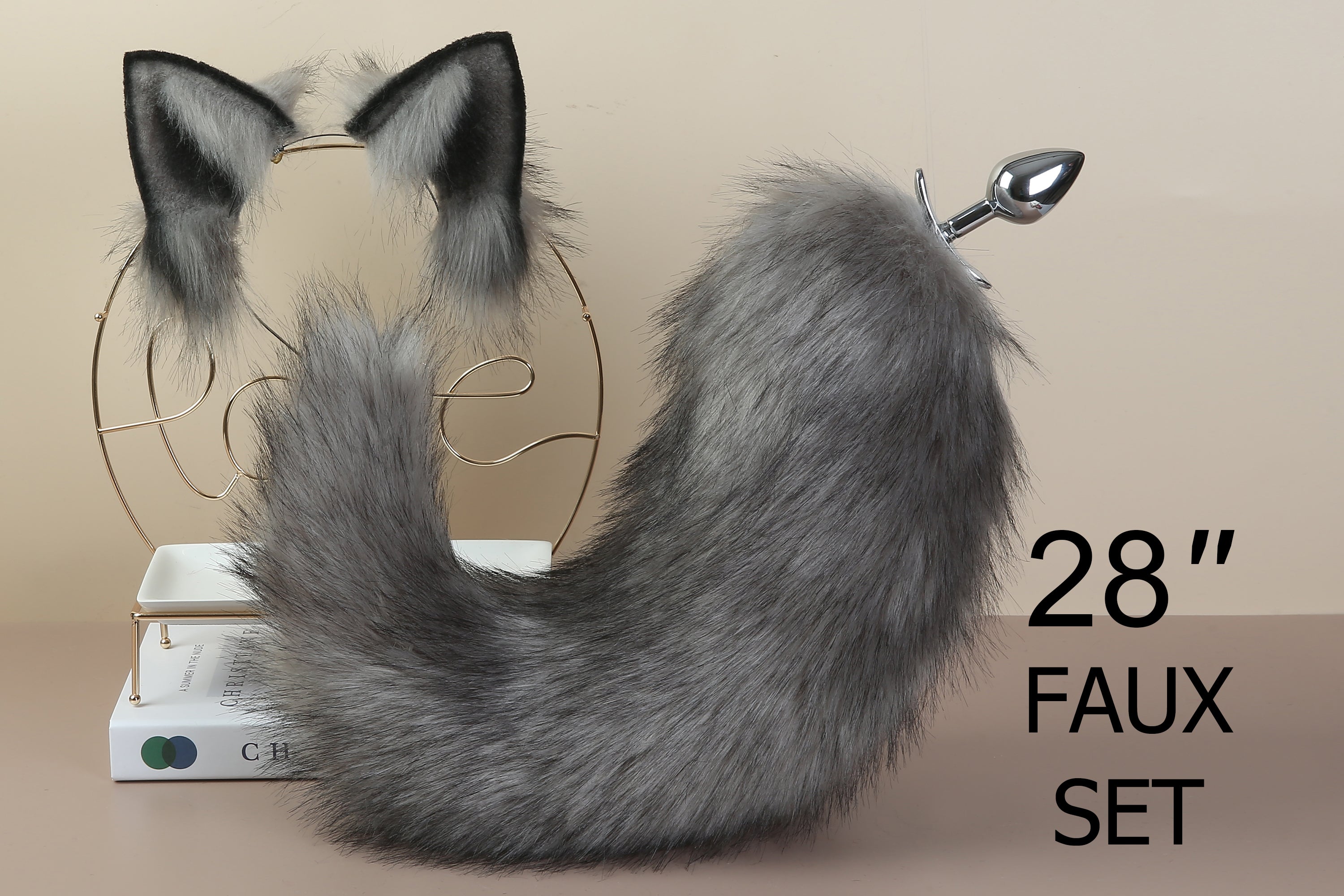 gray fox tail plug and ear set wolf tail buttplug and ear fox tail butt plug tail kitten ear petplay anal plug ass sextoyfor couple