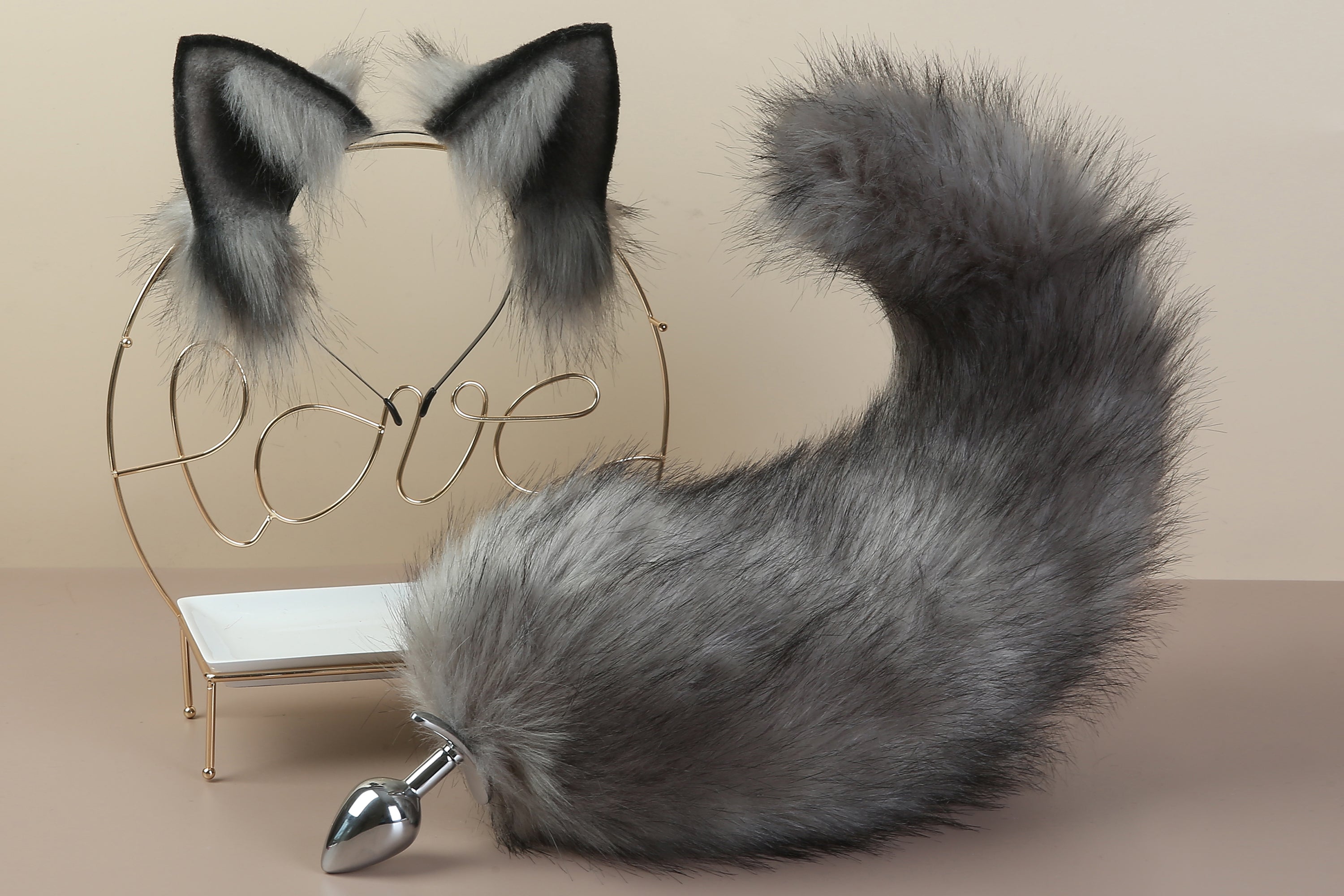 gray fox tail plug and ear set wolf tail buttplug and ear fox tail butt plug tail kitten ear petplay anal plug ass sextoyfor couple