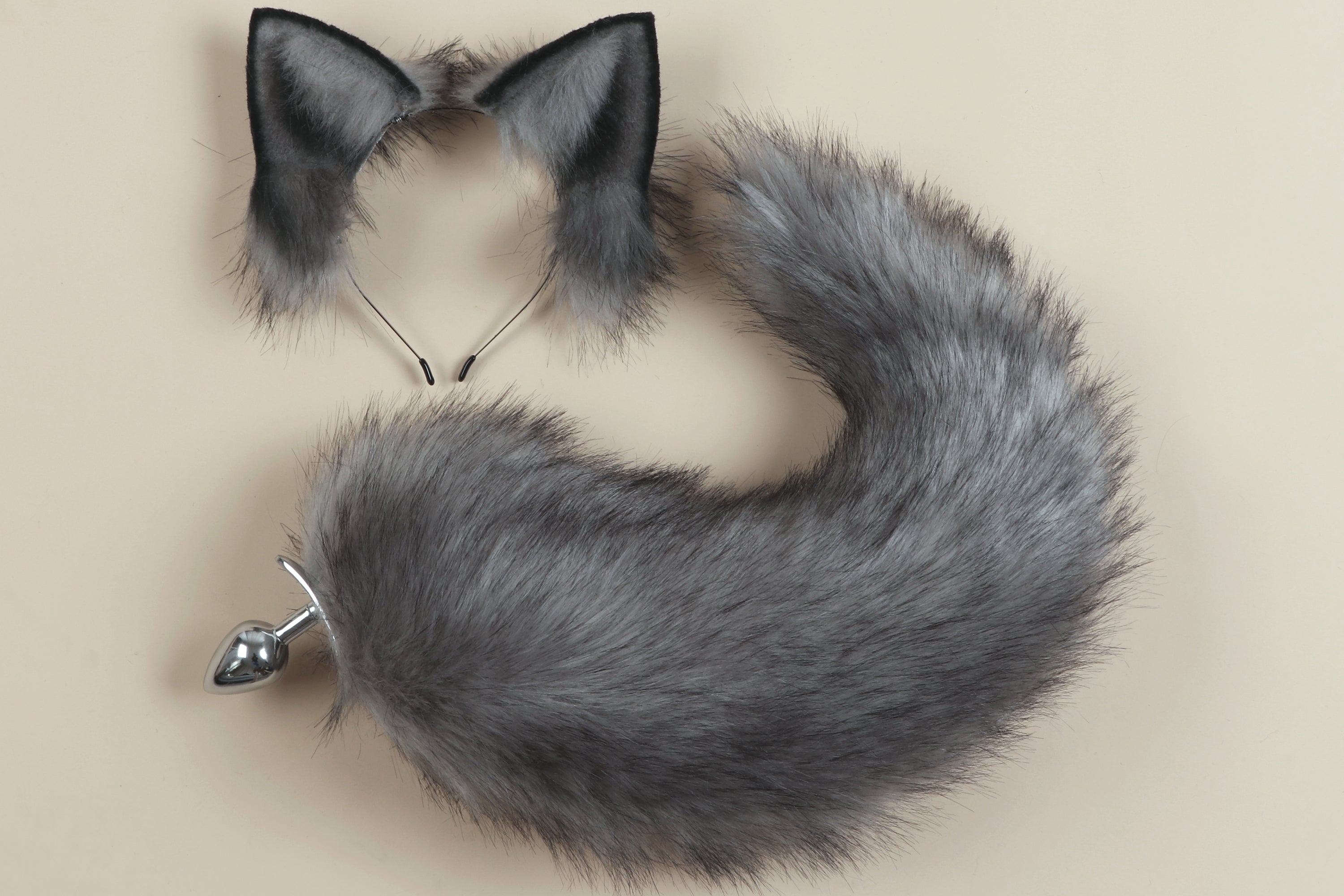 gray fox tail plug and ear set wolf tail buttplug and ear fox tail butt plug tail kitten ear petplay anal plug ass sextoyfor couple