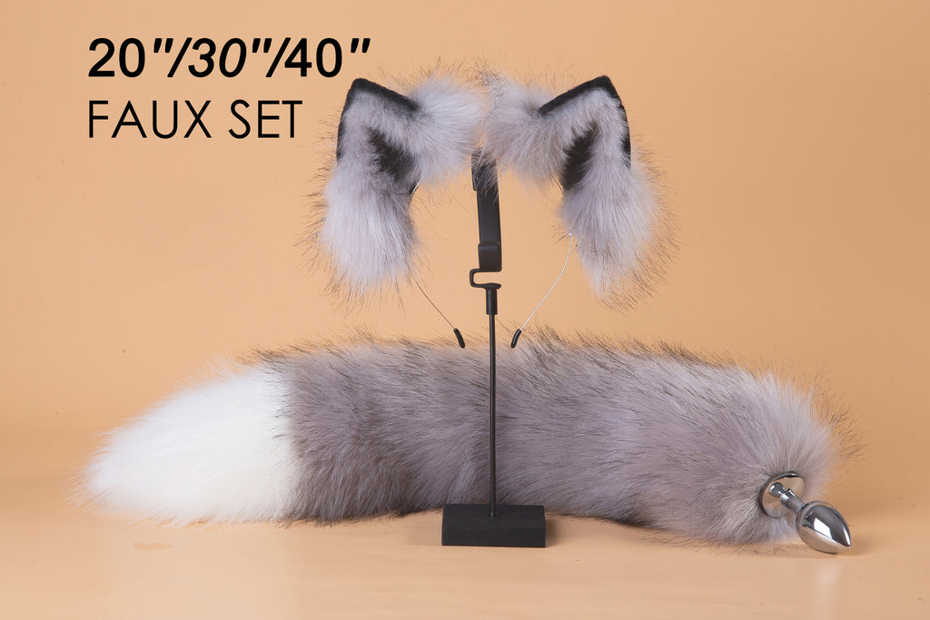 gray white fox tail plug and ear fox tail buttplug and ear wolf tail b