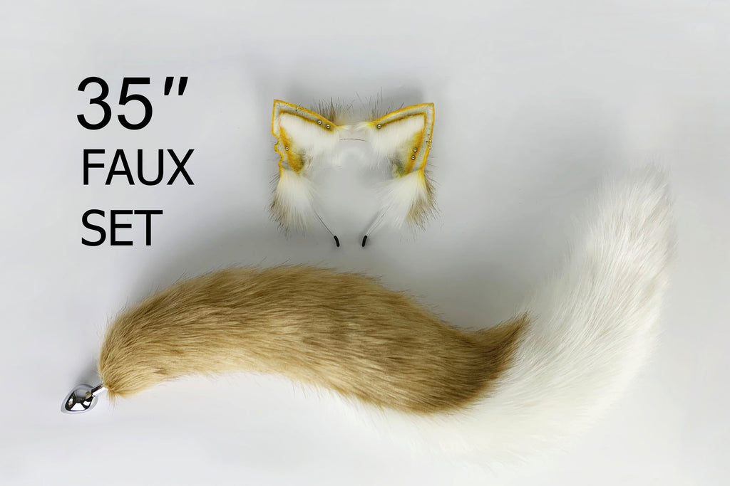 Brown White Faux Fur Fox Tail Plug and Ear Wolf Tail Buttplug and Ear  Kitten Ear and Tail Plug Set Curved Tail and Ear Plug Cosplay mature 