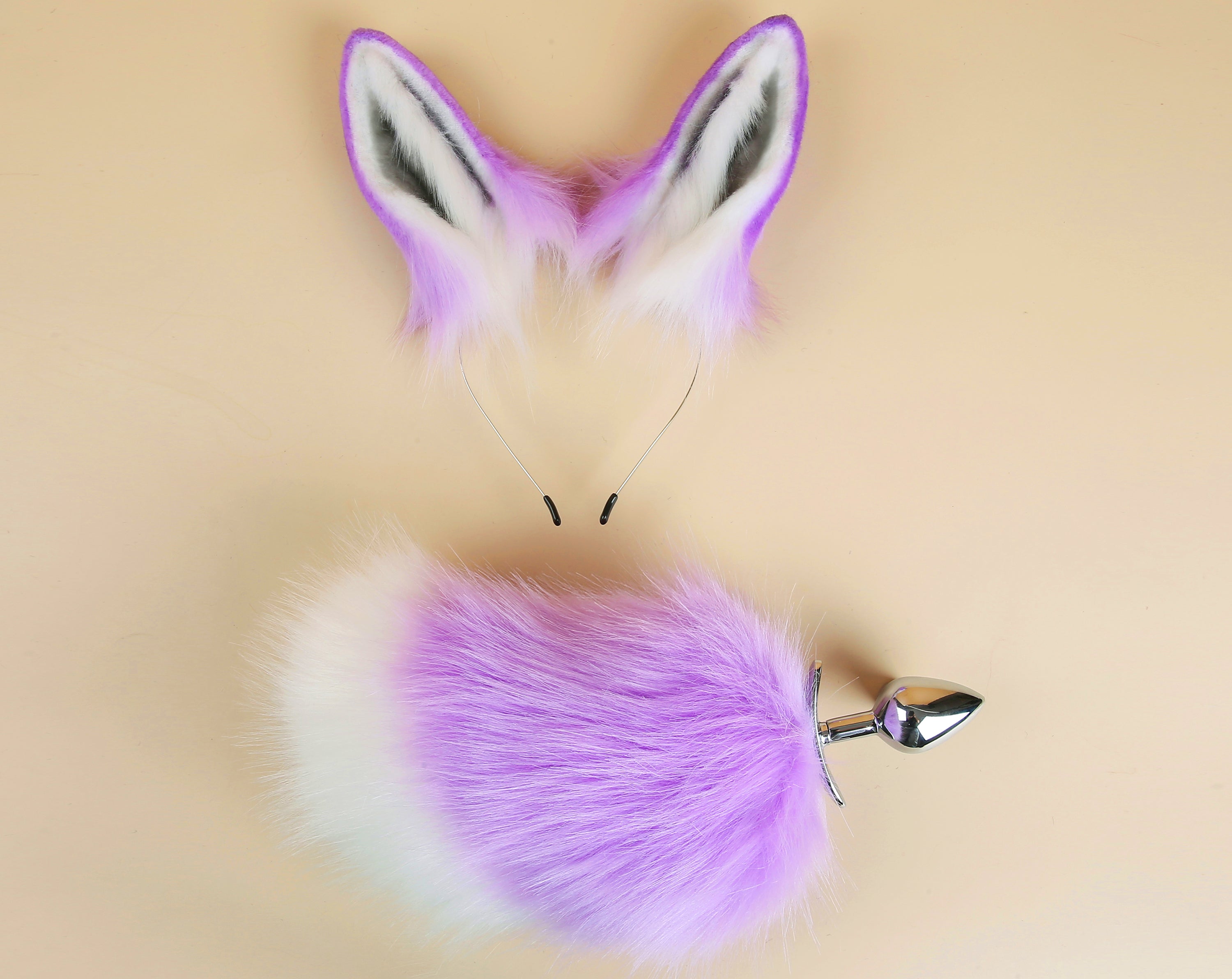 light purple white bunny tail plug and ear set rabbit tail butt plug and ear neko cosplay anime sextoy bunny ear and tail buttplug petplay